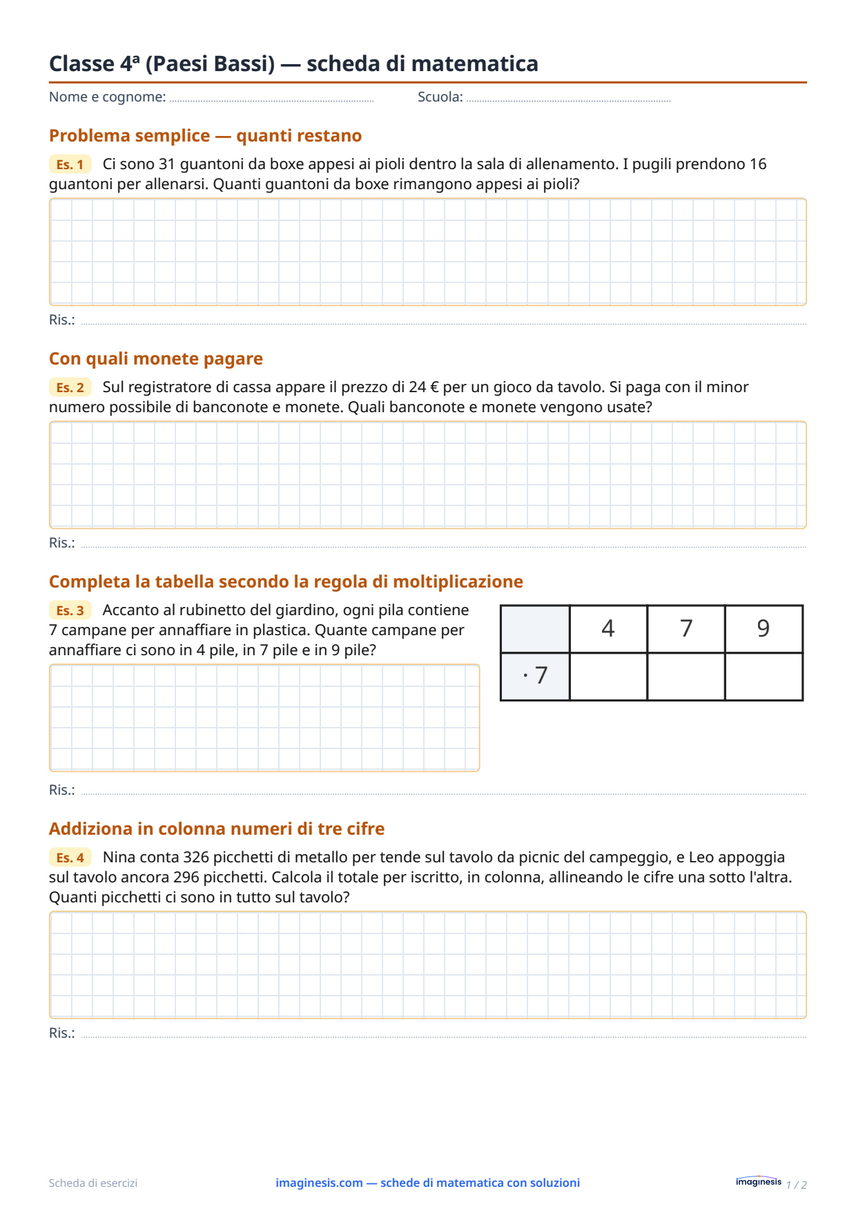 Classe 4ª (Paesi Bassi) — scheda di matematica — Scheda dello studente: scheda di matematica da stampare (Classe 4ª, Paesi Bassi)