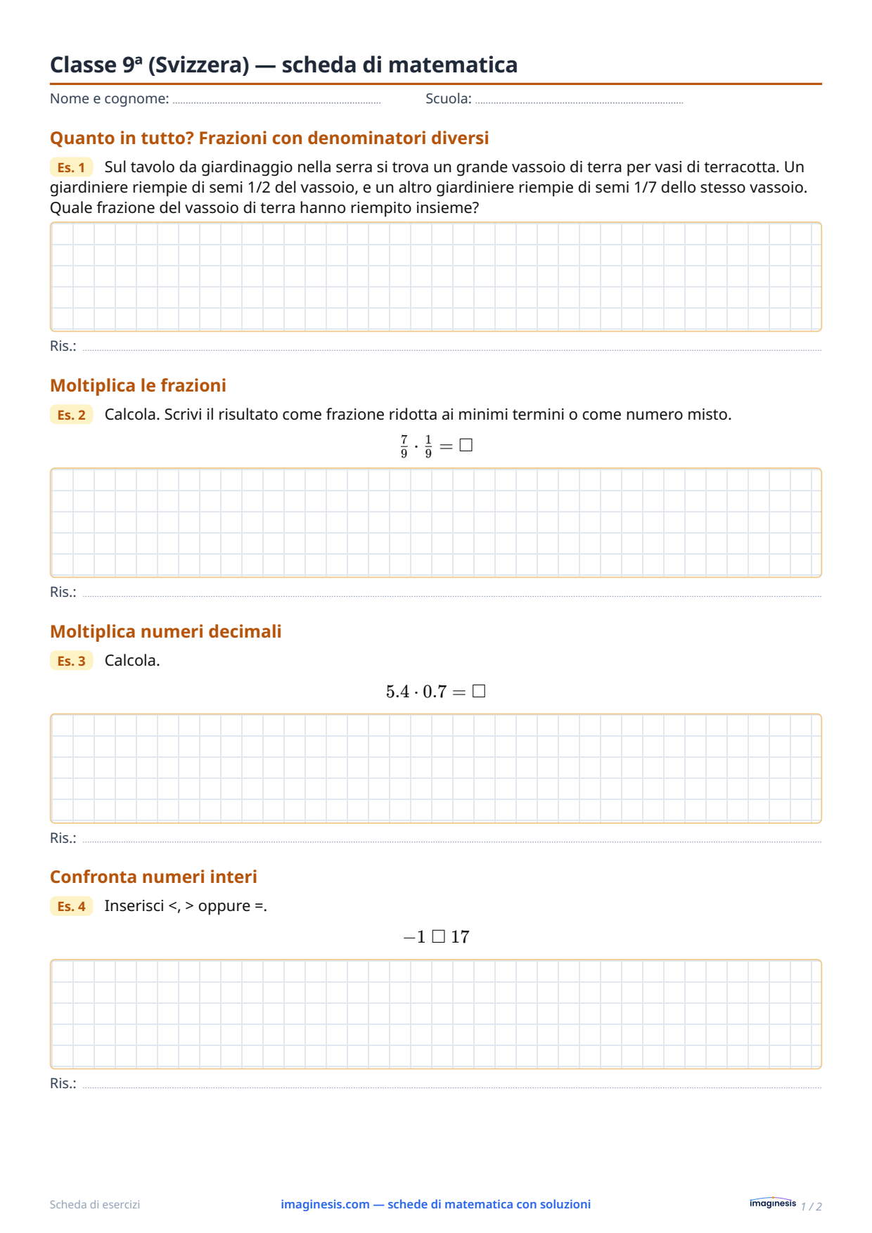 Classe 9ª (Svizzera) — scheda di matematica — Scheda dello studente: scheda di matematica da stampare (Classe 9ª, Svizzera)
