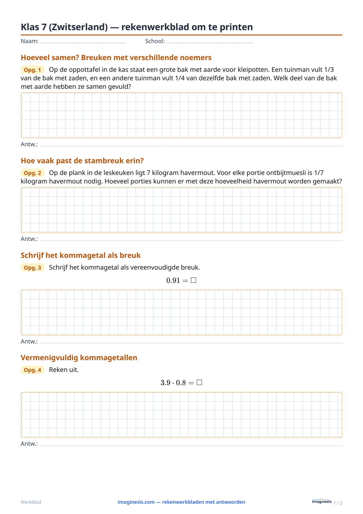 Klas 7 (Zwitserland) — rekenwerkblad om te printen — Leerlingblad: rekenwerkblad om te printen (Klas 7, Zwitserland)