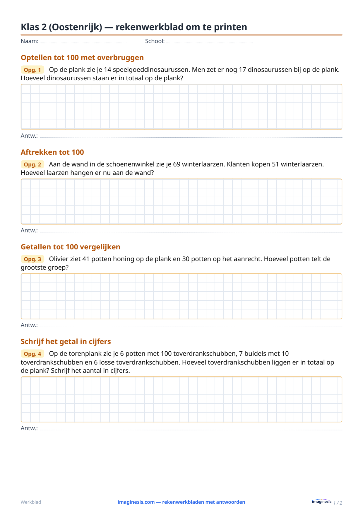 Klas 2 (Oostenrijk) — rekenwerkblad om te printen — Leerlingblad: rekenwerkblad om te printen (Klas 2, Oostenrijk)