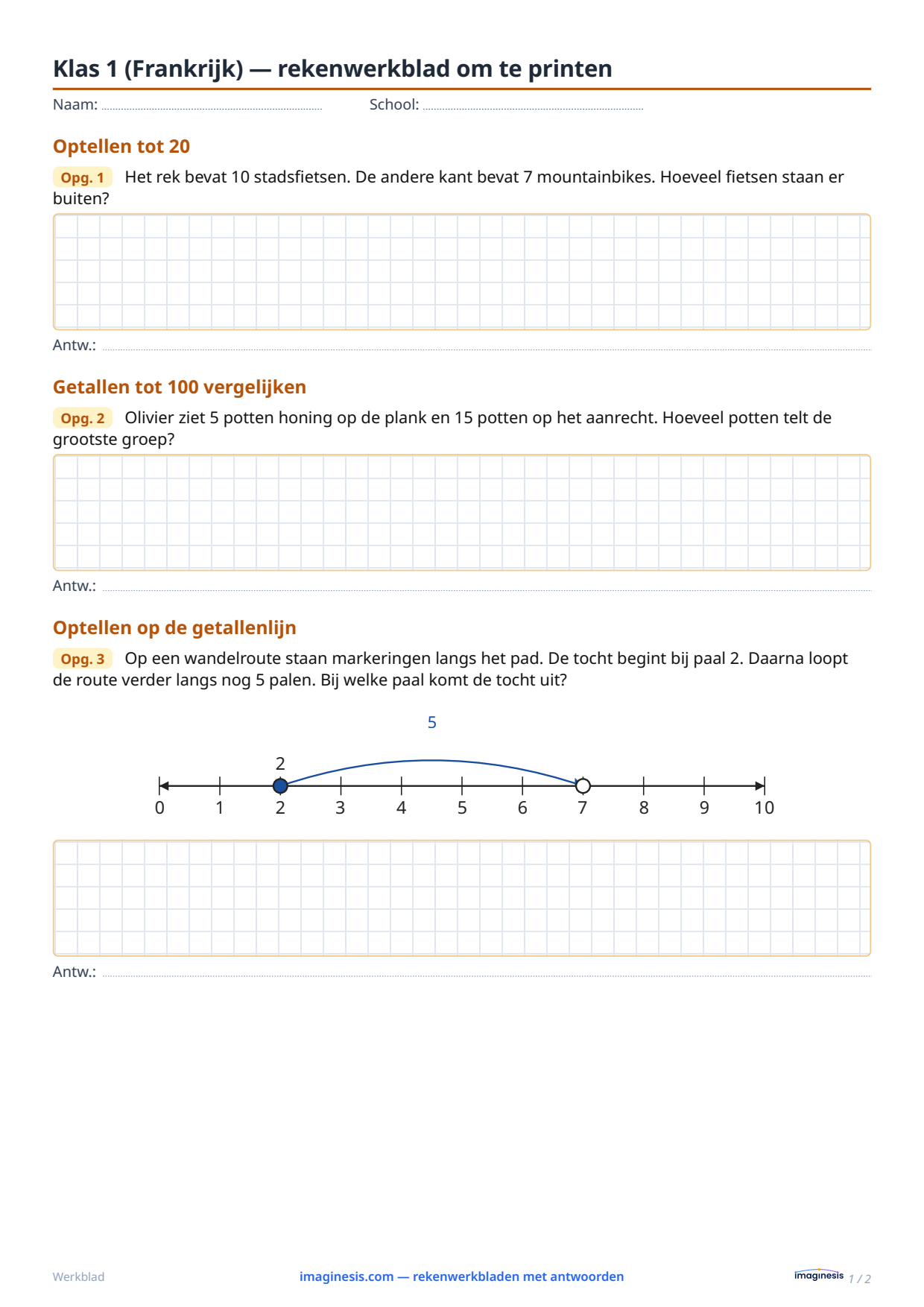 Klas 1 (Frankrijk) — rekenwerkblad om te printen — Leerlingblad: rekenwerkblad om te printen (Klas 1, Frankrijk)