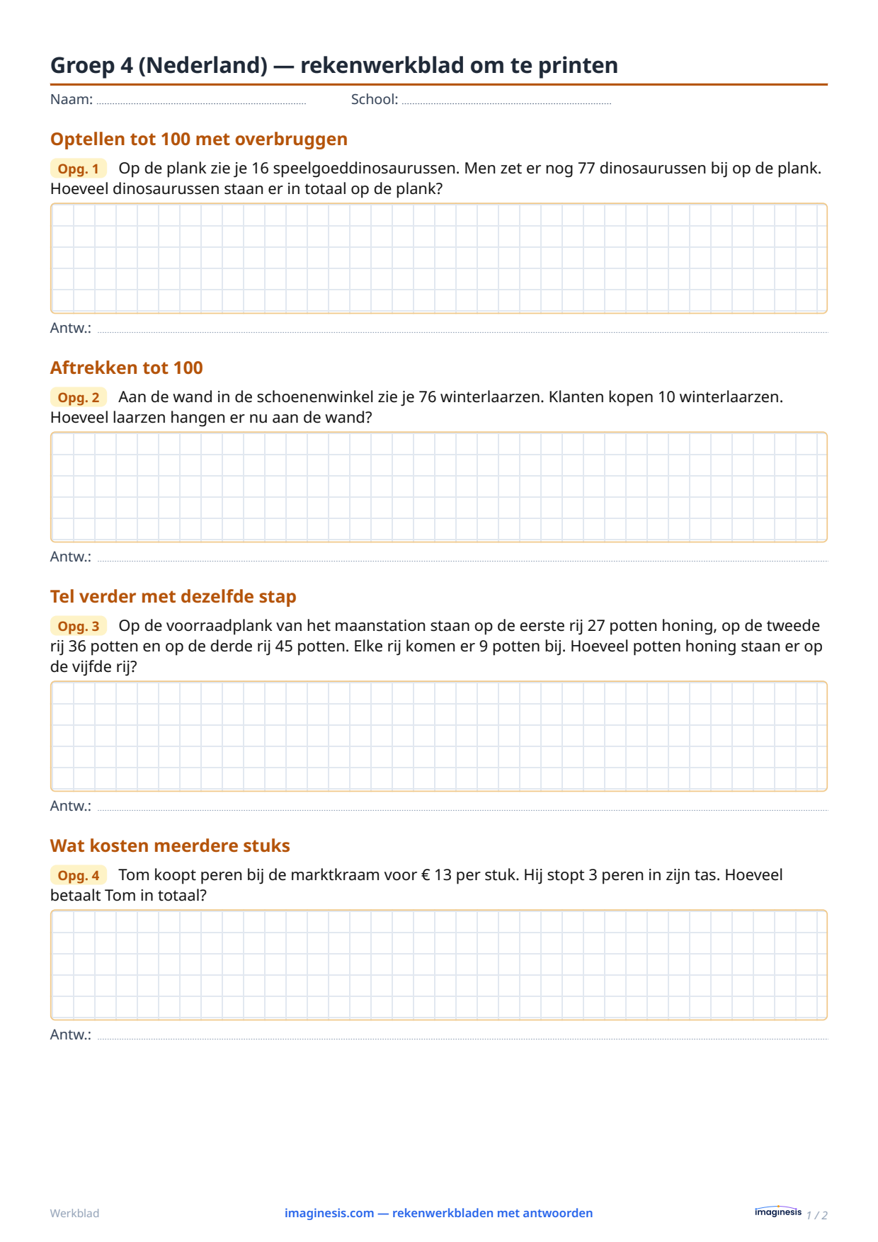 Groep 4 (Nederland) — rekenwerkblad om te printen — Leerlingblad: rekenwerkblad om te printen (Groep 4, Nederland)