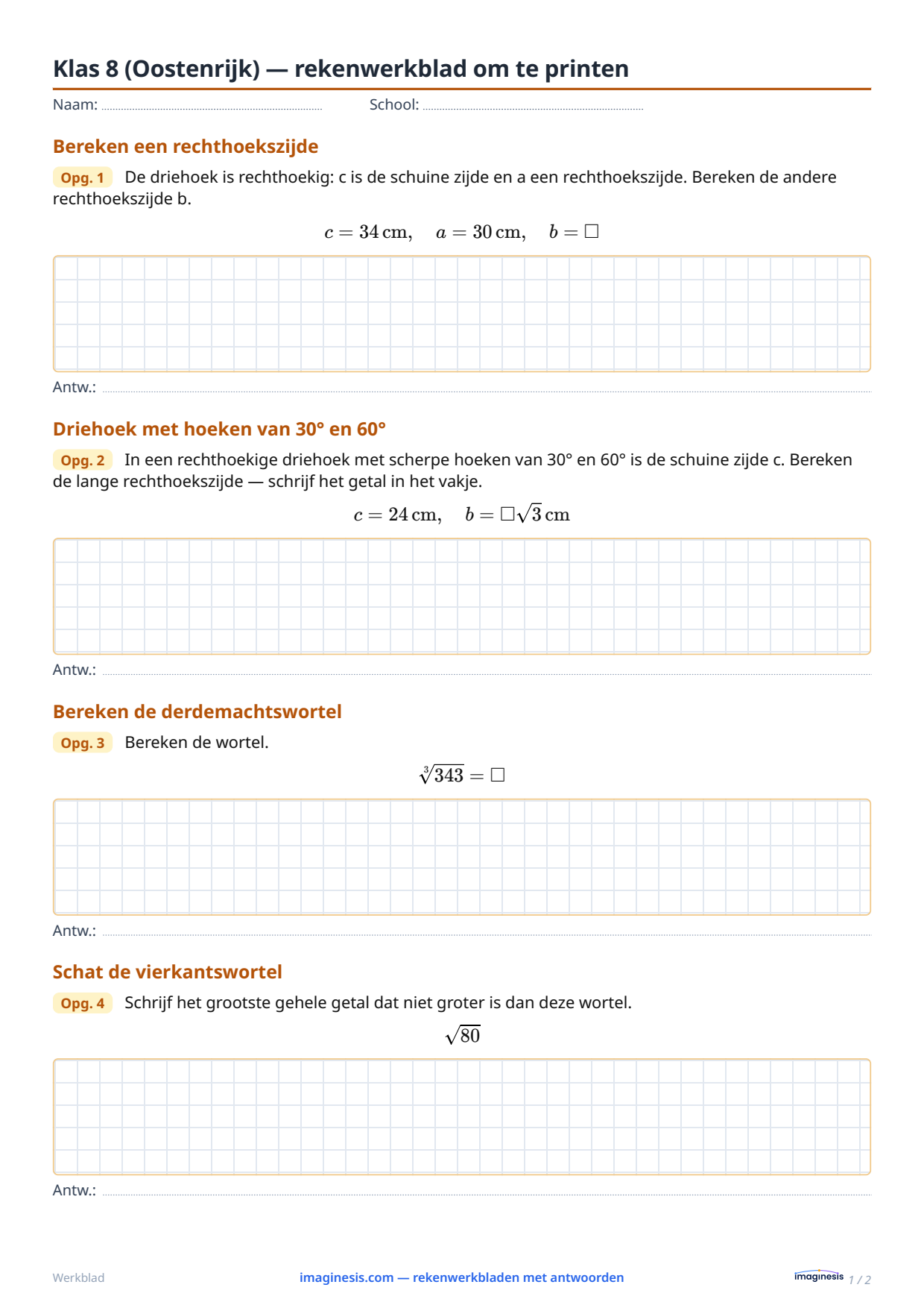 Klas 8 (Oostenrijk) — rekenwerkblad om te printen — Leerlingblad: rekenwerkblad om te printen (Klas 8, Oostenrijk)
