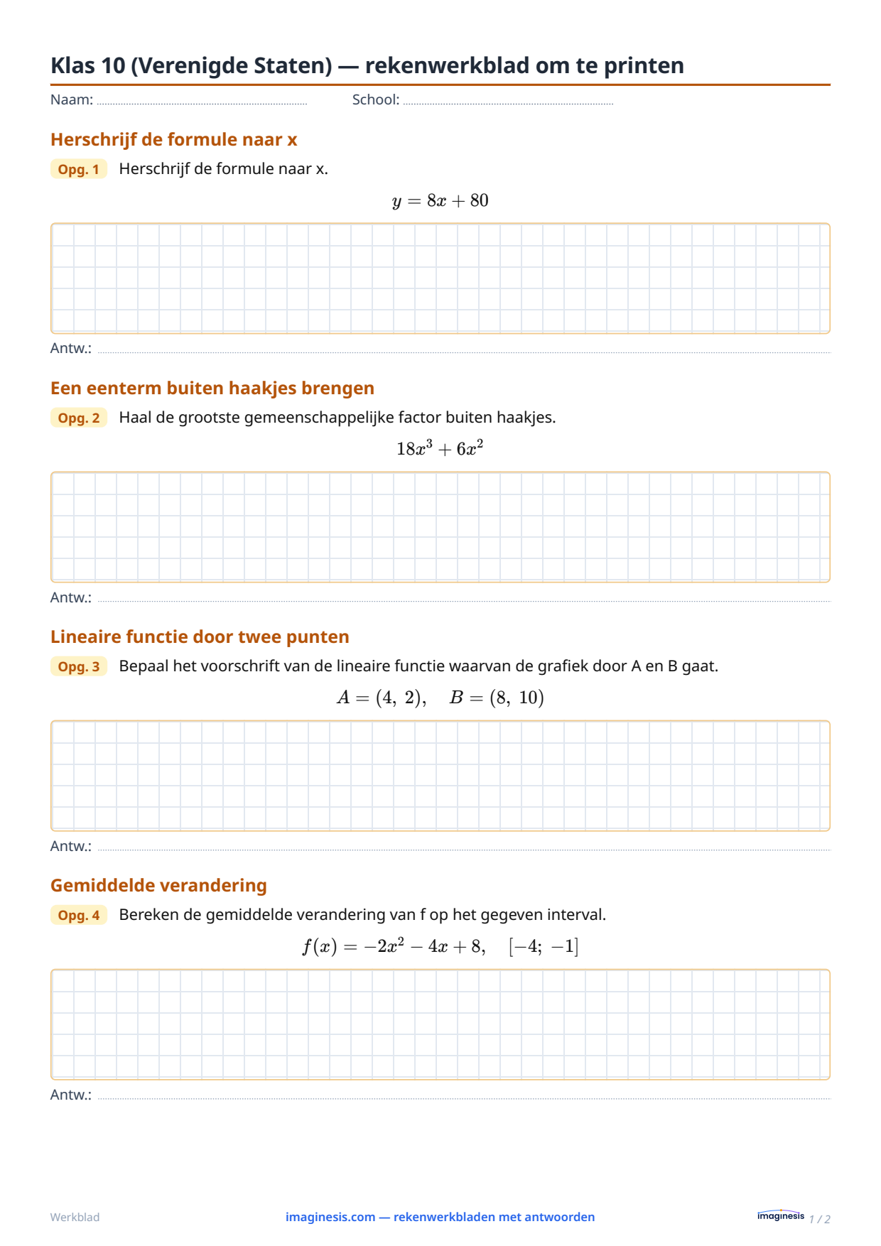 Klas 10 (Verenigde Staten) — rekenwerkblad om te printen — Leerlingblad: rekenwerkblad om te printen (Klas 10, Verenigde Staten)