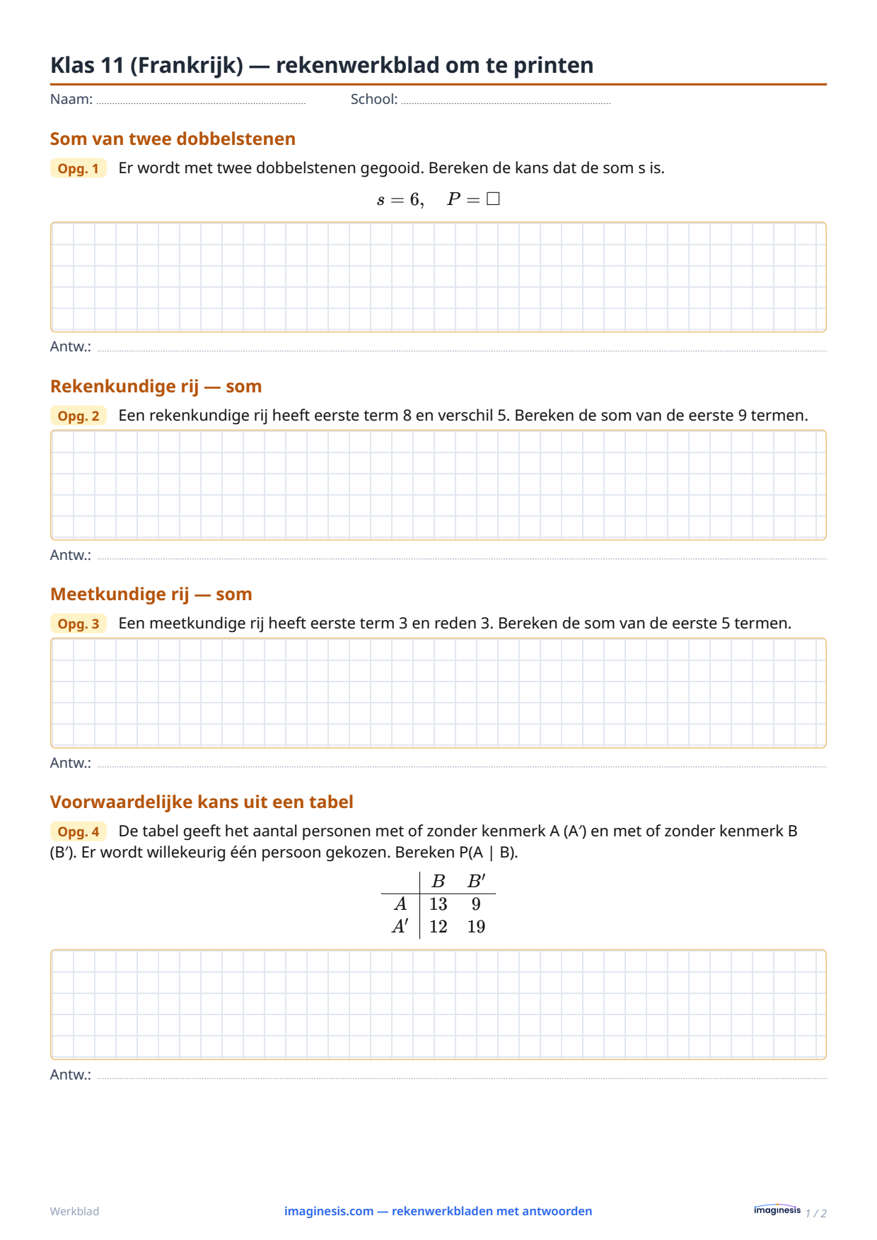 Klas 11 (Frankrijk) — rekenwerkblad om te printen — Leerlingblad: rekenwerkblad om te printen (Klas 11, Frankrijk)