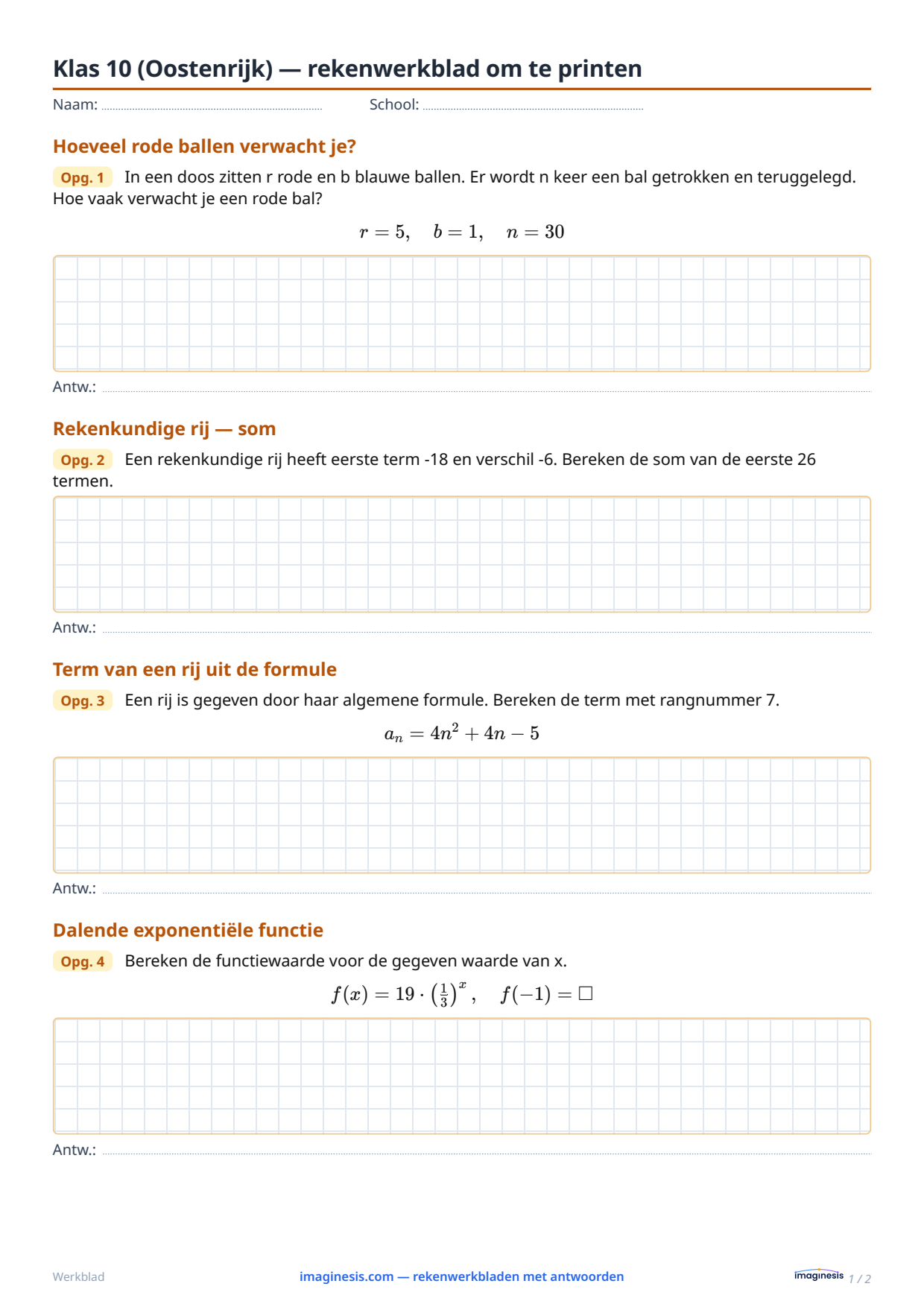 Klas 10 (Oostenrijk) — rekenwerkblad om te printen — Leerlingblad: rekenwerkblad om te printen (Klas 10, Oostenrijk)