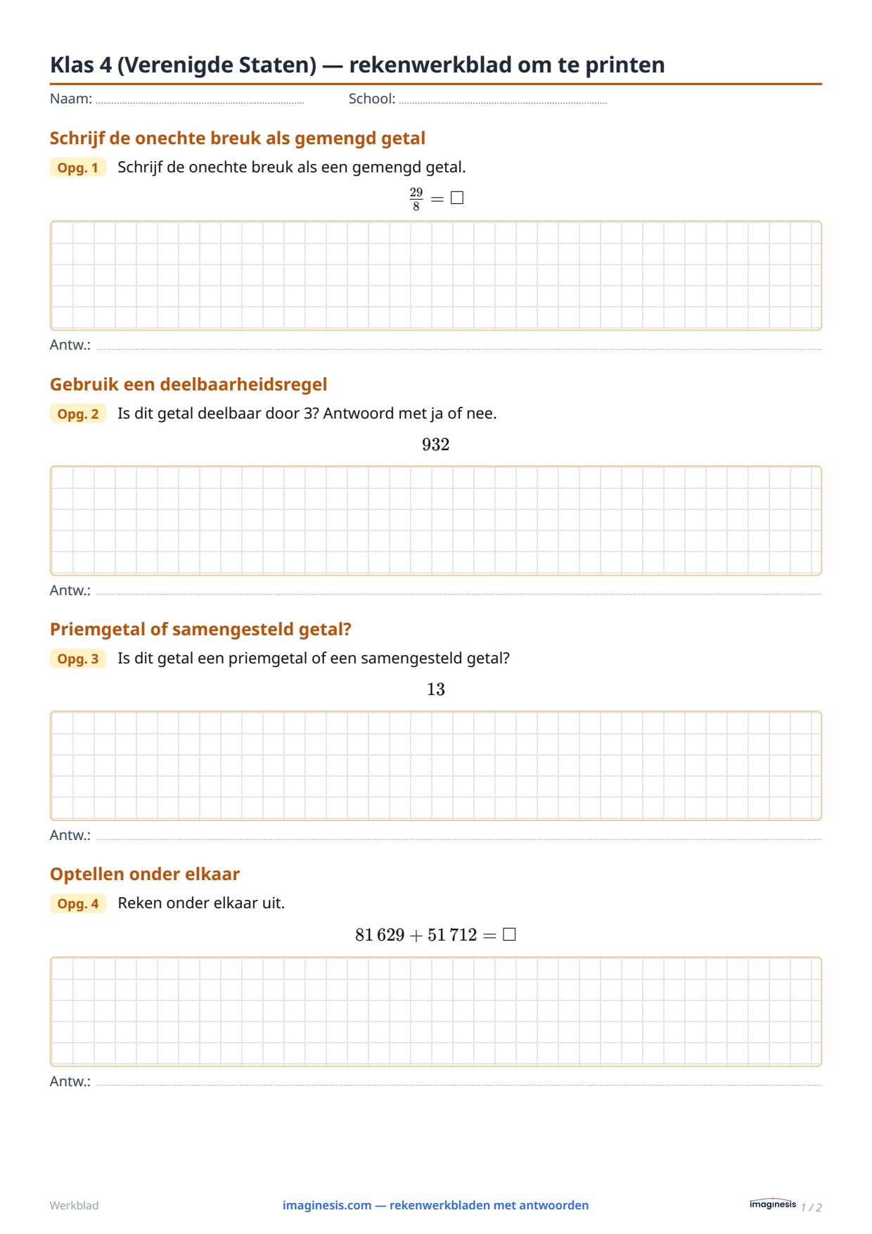 Klas 4 (Verenigde Staten) — rekenwerkblad om te printen — Leerlingblad: rekenwerkblad om te printen (Klas 4, Verenigde Staten)