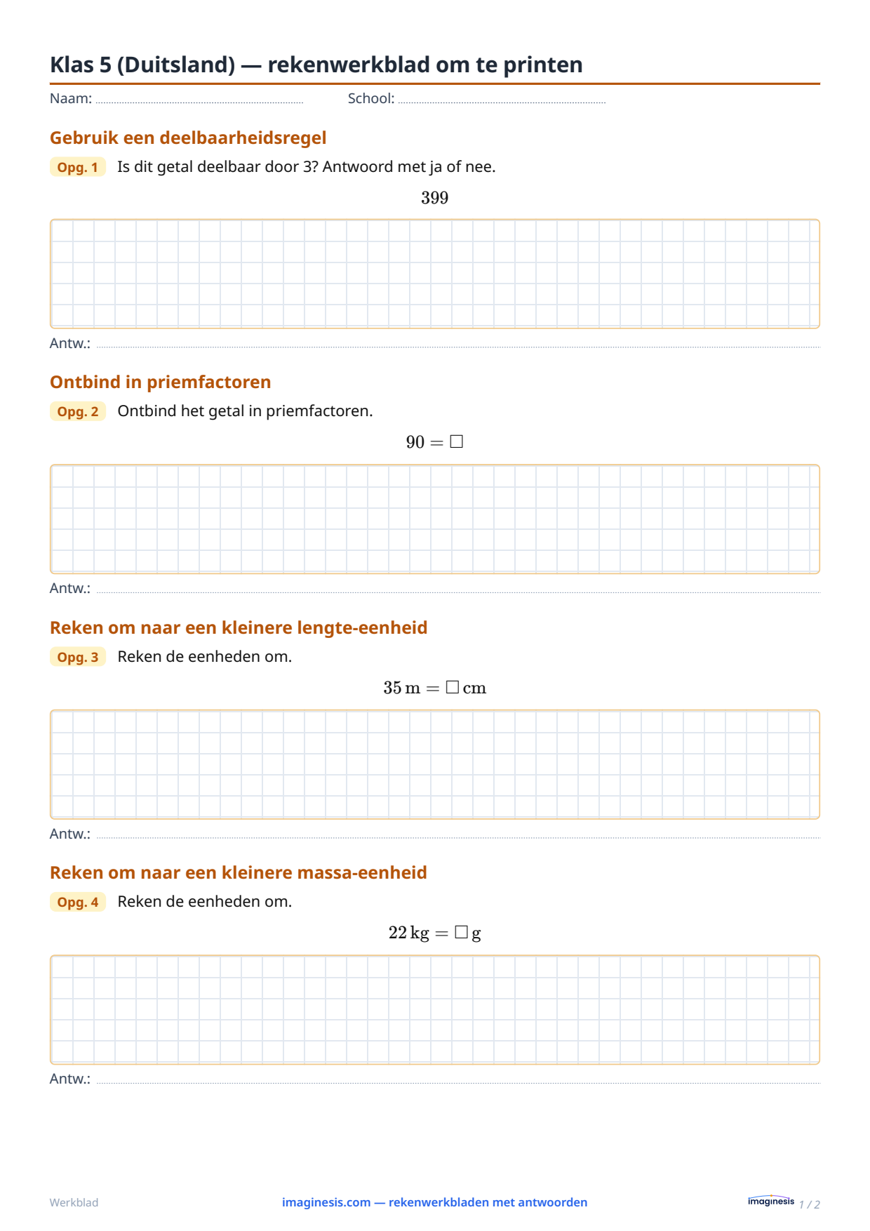 Klas 5 (Duitsland) — rekenwerkblad om te printen — Leerlingblad: rekenwerkblad om te printen (Klas 5, Duitsland)