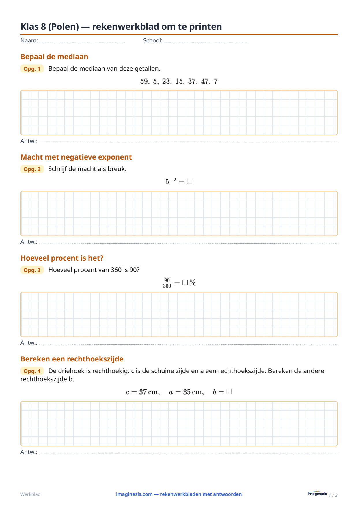 Klas 8 (Polen) — rekenwerkblad om te printen — Leerlingblad: rekenwerkblad om te printen (Klas 8, Polen)