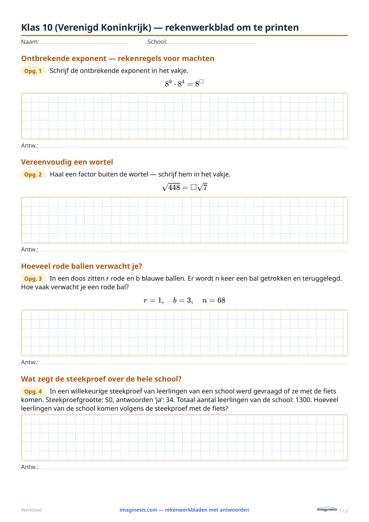 Klas 10 (Verenigd Koninkrijk) — rekenwerkblad om te printen — Leerlingblad: rekenwerkblad om te printen (Klas 10, Verenigd Koninkrijk)
