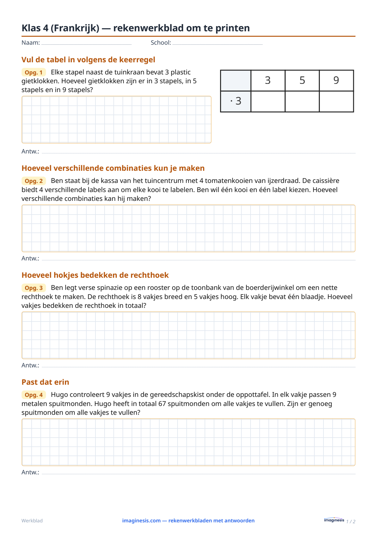 Klas 4 (Frankrijk) — rekenwerkblad om te printen — Leerlingblad: rekenwerkblad om te printen (Klas 4, Frankrijk)