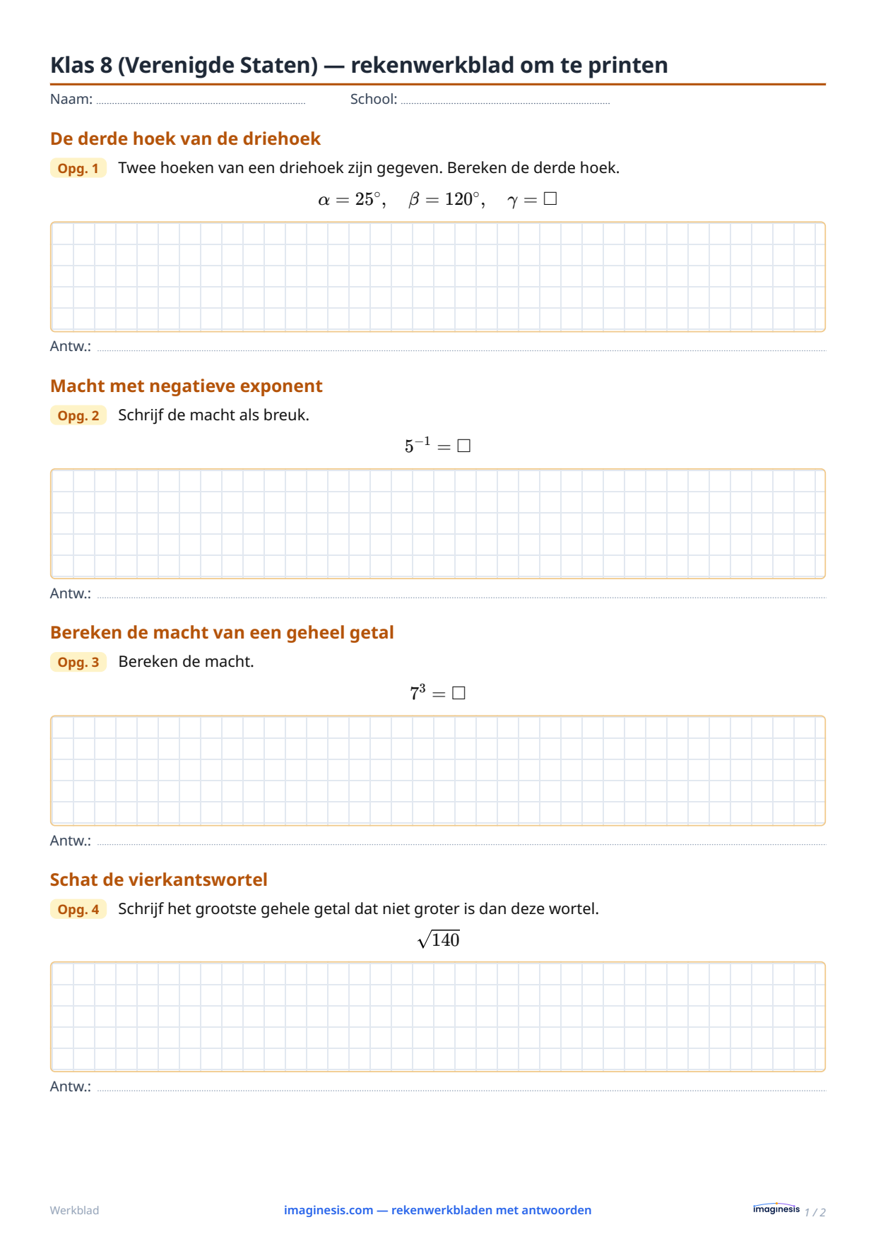 Klas 8 (Verenigde Staten) — rekenwerkblad om te printen — Leerlingblad: rekenwerkblad om te printen (Klas 8, Verenigde Staten)