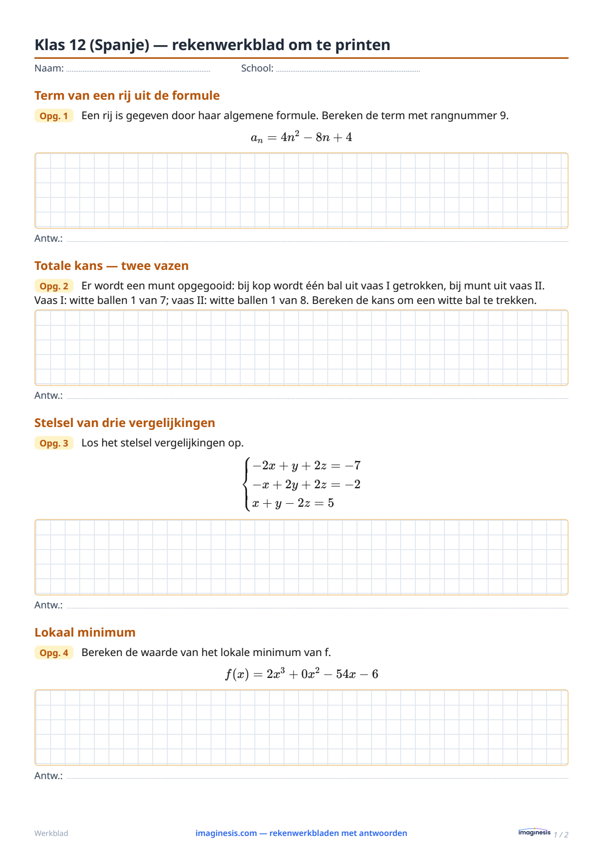 Klas 12 (Spanje) — rekenwerkblad om te printen — Leerlingblad: rekenwerkblad om te printen (Klas 12, Spanje)