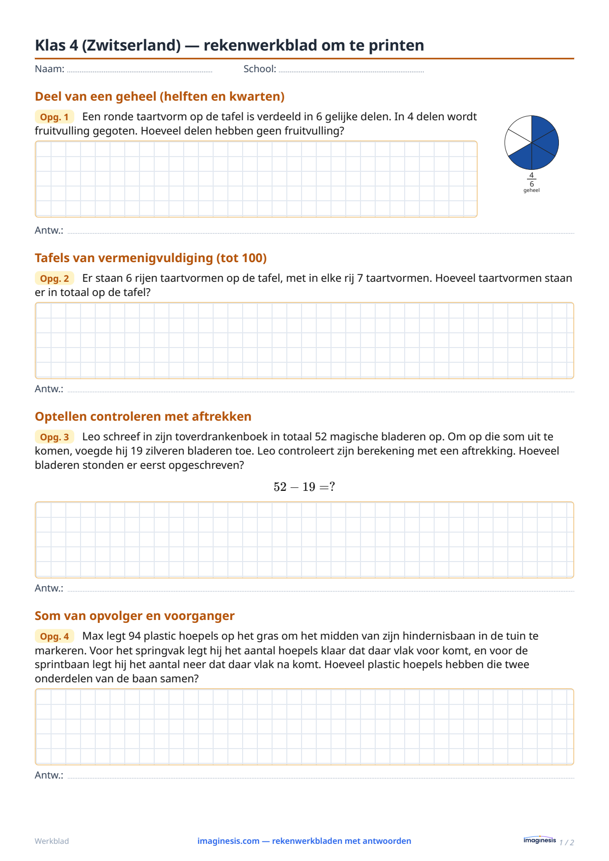 Klas 4 (Zwitserland) — rekenwerkblad om te printen — Leerlingblad: rekenwerkblad om te printen (Klas 4, Zwitserland)
