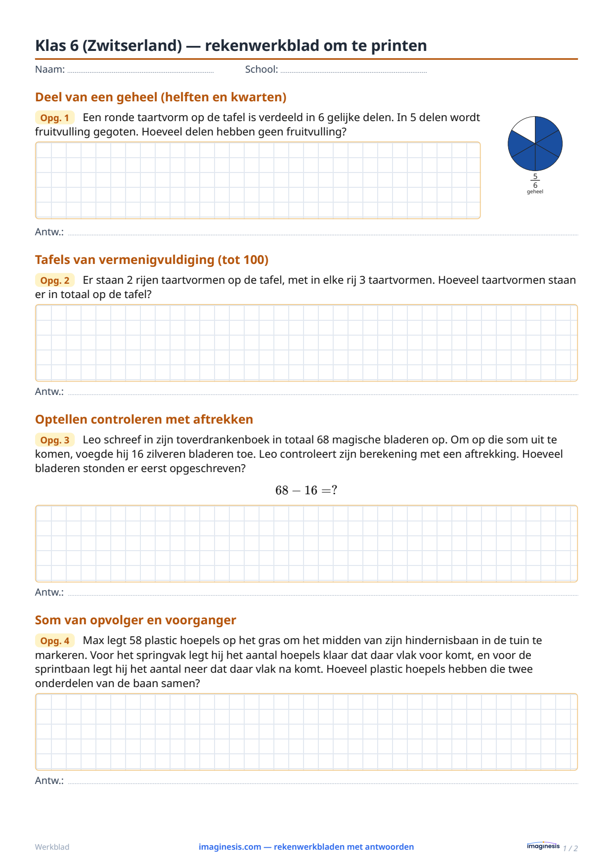 Klas 6 (Zwitserland) — rekenwerkblad om te printen — Leerlingblad: rekenwerkblad om te printen (Klas 6, Zwitserland)