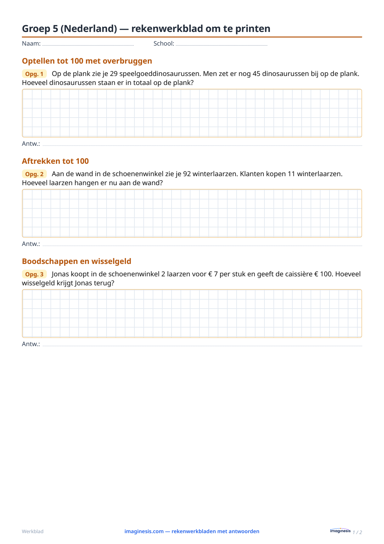 Groep 5 (Nederland) — rekenwerkblad om te printen — Leerlingblad: rekenwerkblad om te printen (Groep 5, Nederland)