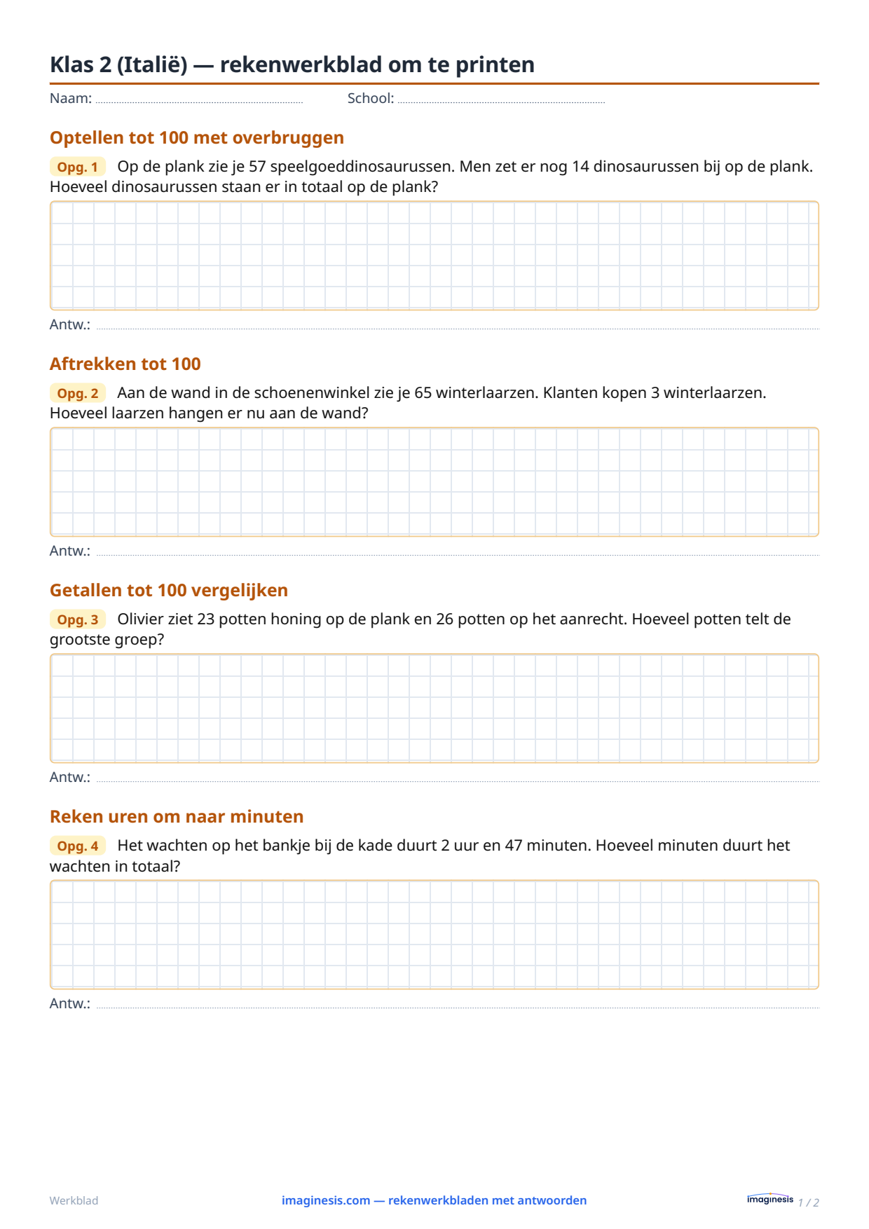 Klas 2 (Italië) — rekenwerkblad om te printen — Leerlingblad: rekenwerkblad om te printen (Klas 2, Italië)