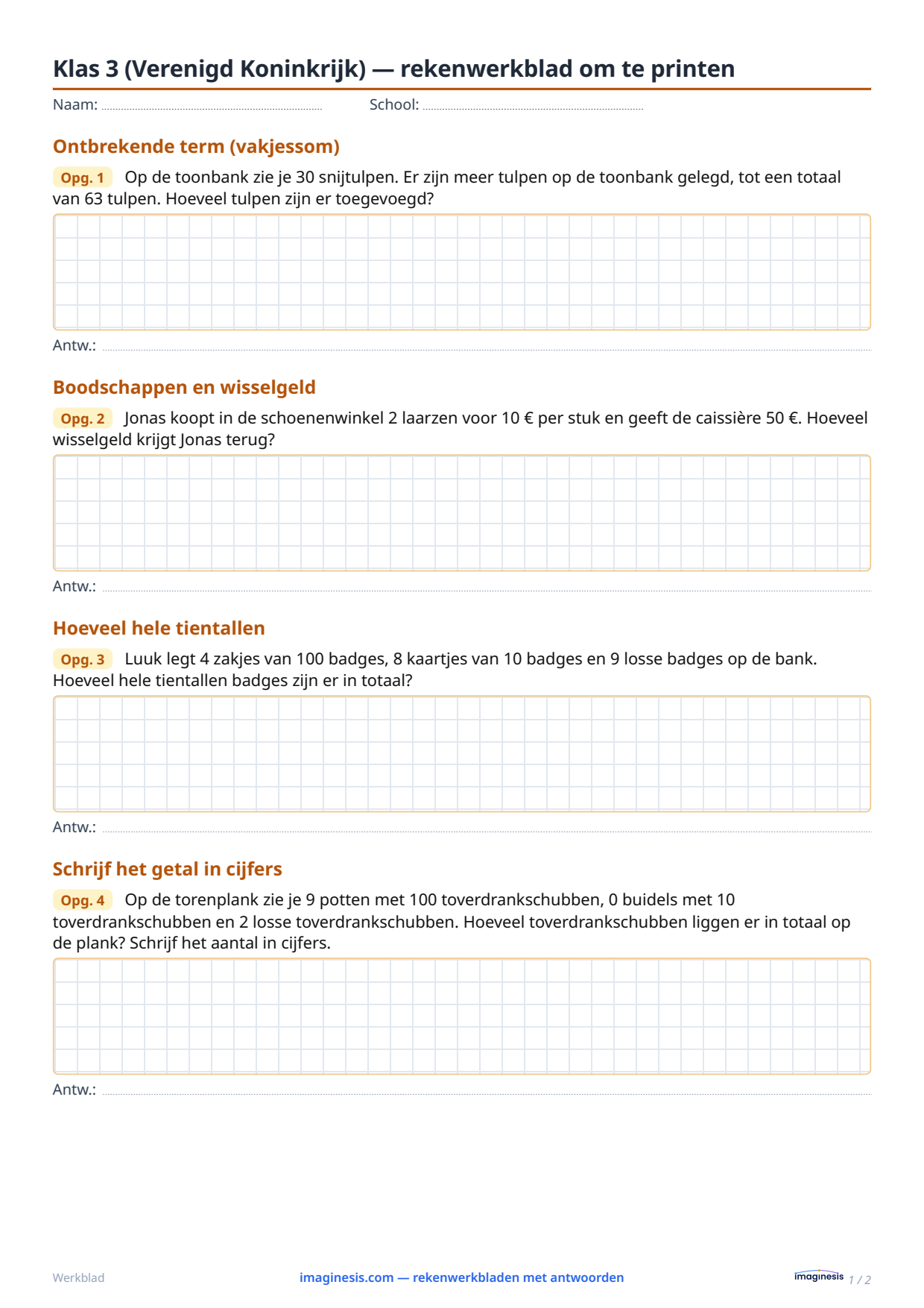 Klas 3 (Verenigd Koninkrijk) — rekenwerkblad om te printen — Leerlingblad: rekenwerkblad om te printen (Klas 3, Verenigd Koninkrijk)
