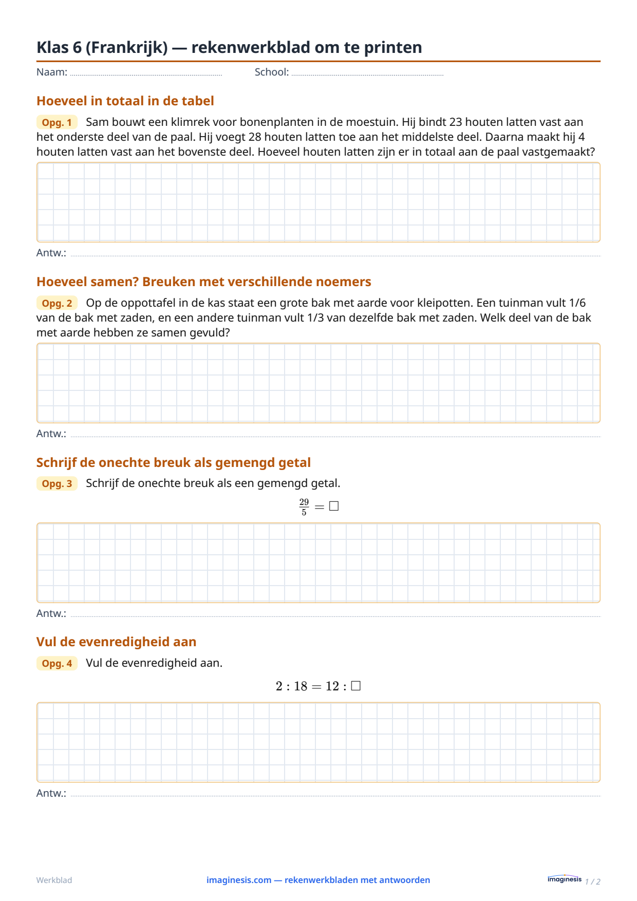 Klas 6 (Frankrijk) — rekenwerkblad om te printen — Leerlingblad: rekenwerkblad om te printen (Klas 6, Frankrijk)