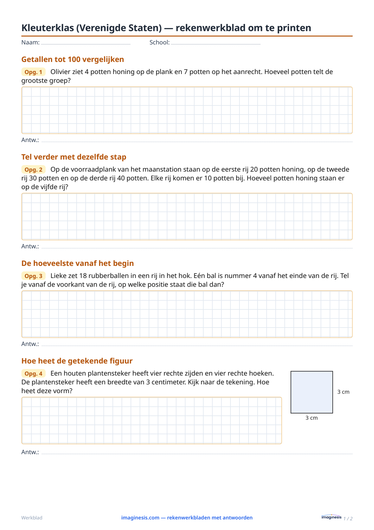 Kleuterklas (Verenigde Staten) — rekenwerkblad om te printen — Leerlingblad: rekenwerkblad om te printen (Kleuterklas, Verenigde Staten)