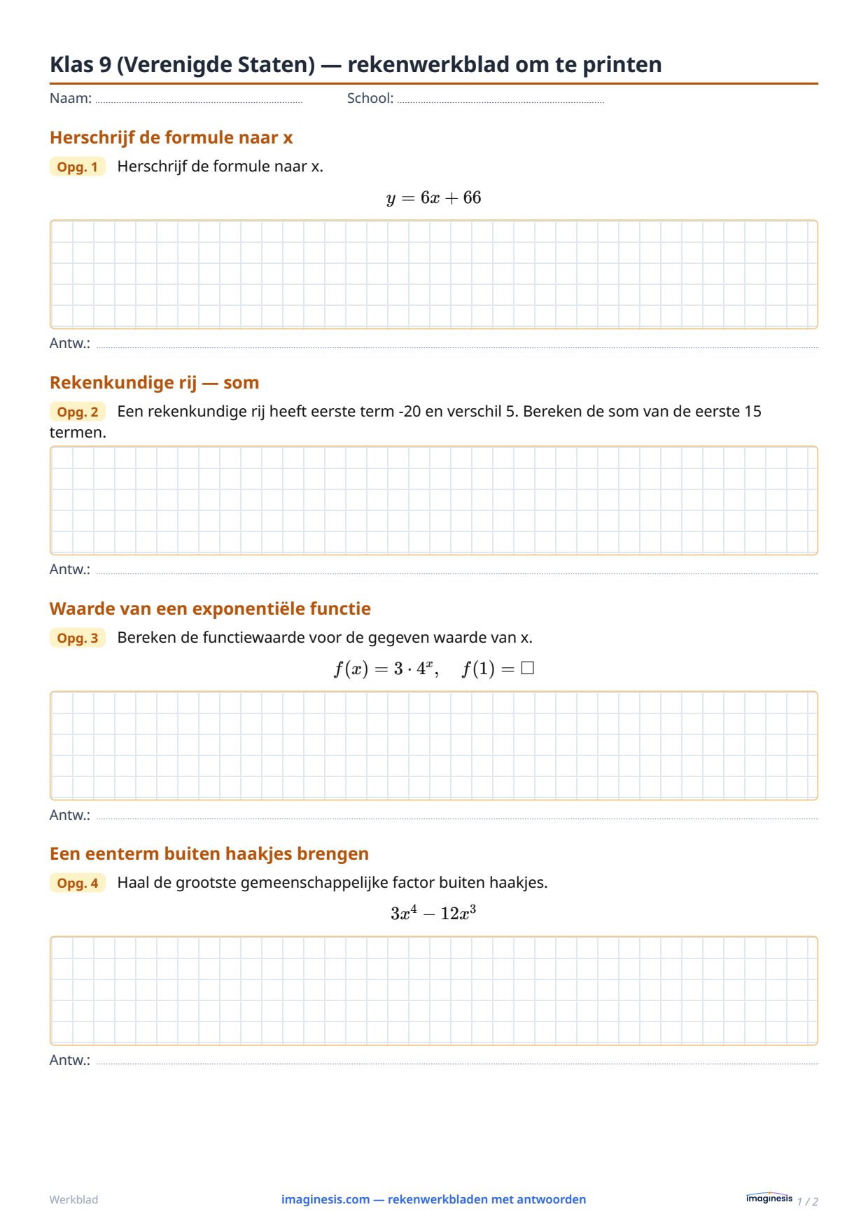 Klas 9 (Verenigde Staten) — rekenwerkblad om te printen — Leerlingblad: rekenwerkblad om te printen (Klas 9, Verenigde Staten)