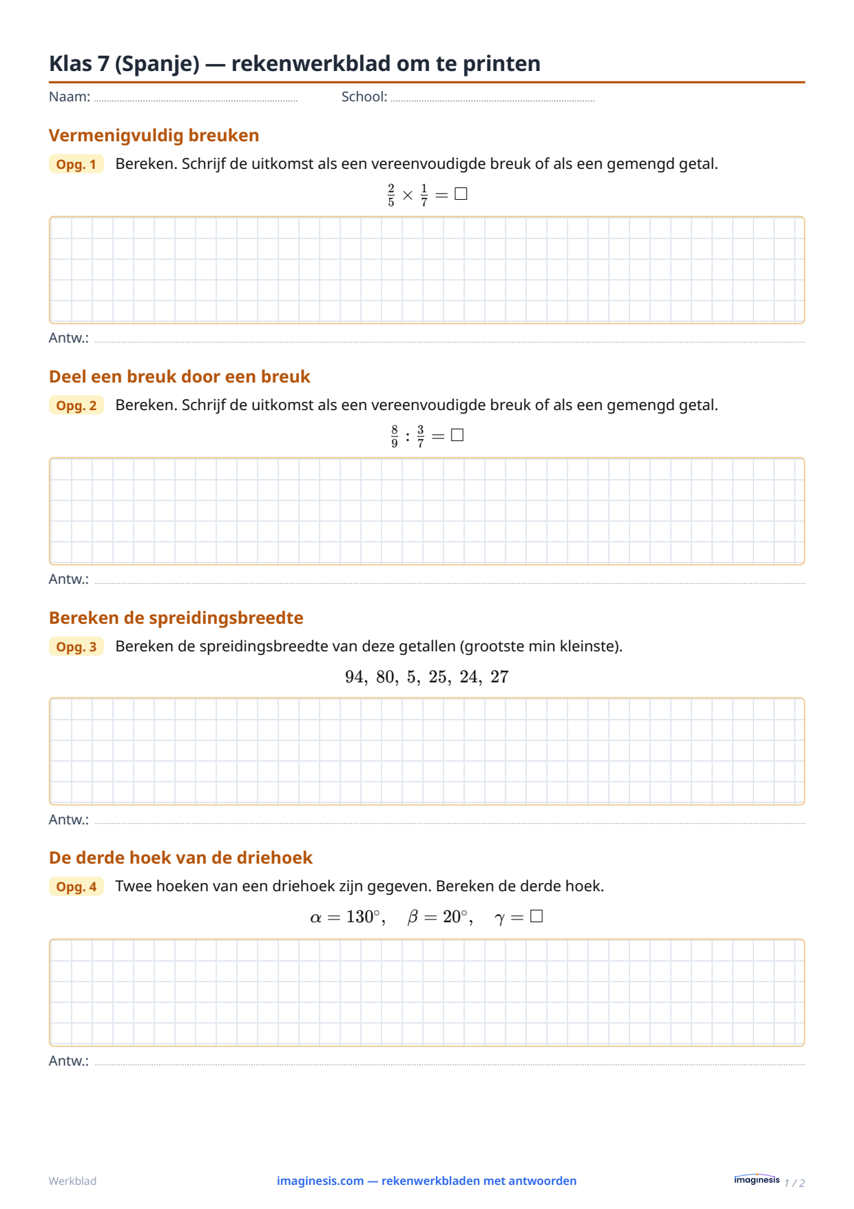 Klas 7 (Spanje) — rekenwerkblad om te printen — Leerlingblad: rekenwerkblad om te printen (Klas 7, Spanje)