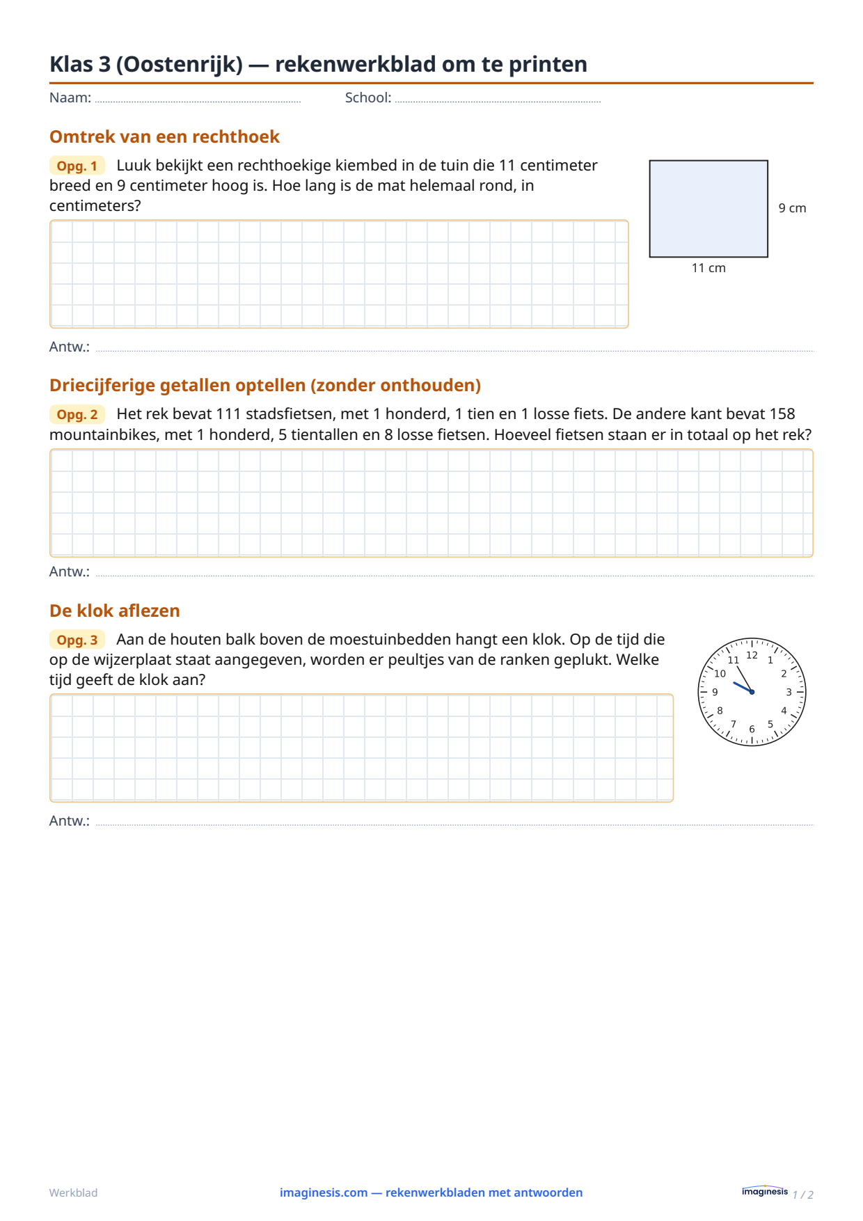 Klas 3 (Oostenrijk) — rekenwerkblad om te printen — Leerlingblad: rekenwerkblad om te printen (Klas 3, Oostenrijk)