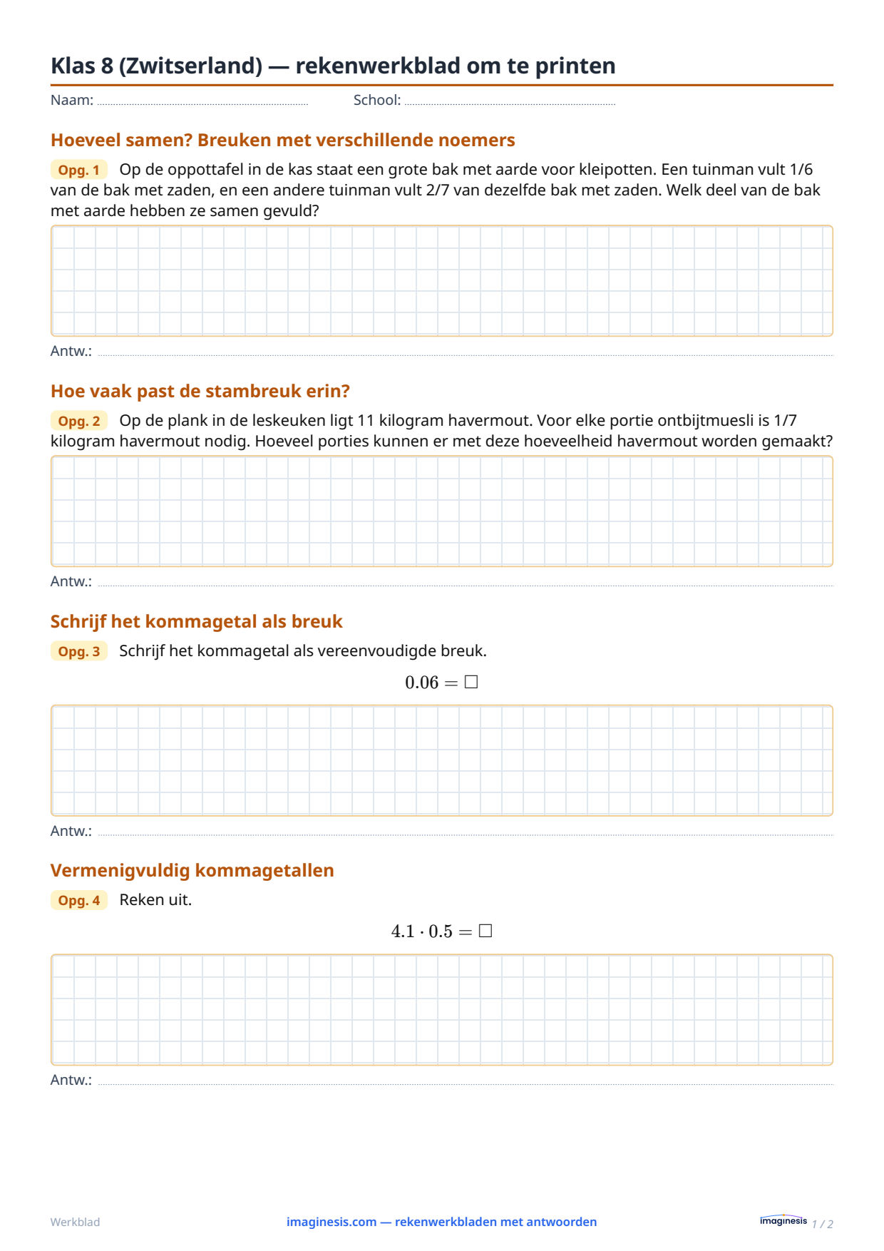 Klas 8 (Zwitserland) — rekenwerkblad om te printen — Leerlingblad: rekenwerkblad om te printen (Klas 8, Zwitserland)