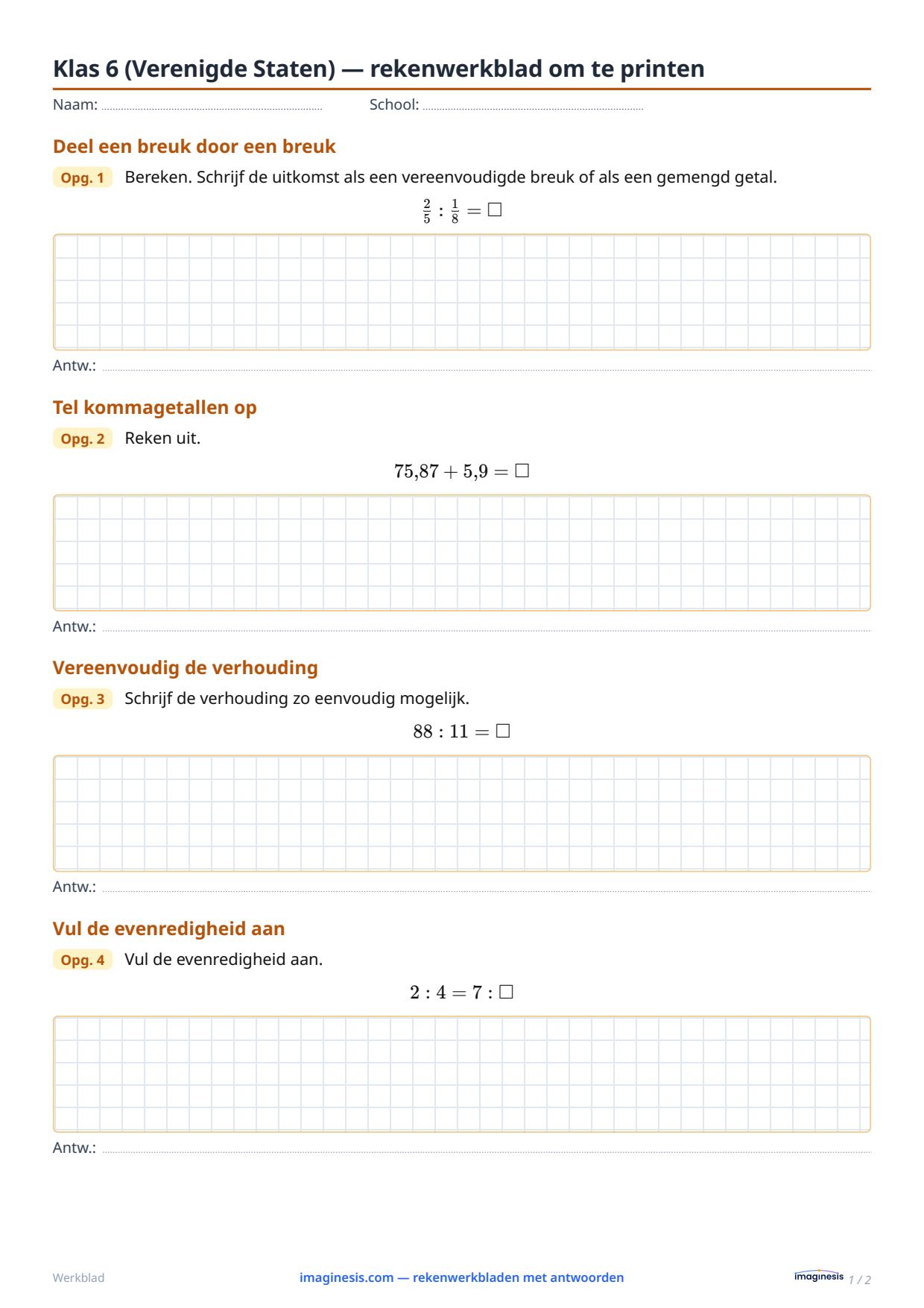 Klas 6 (Verenigde Staten) — rekenwerkblad om te printen — Leerlingblad: rekenwerkblad om te printen (Klas 6, Verenigde Staten)