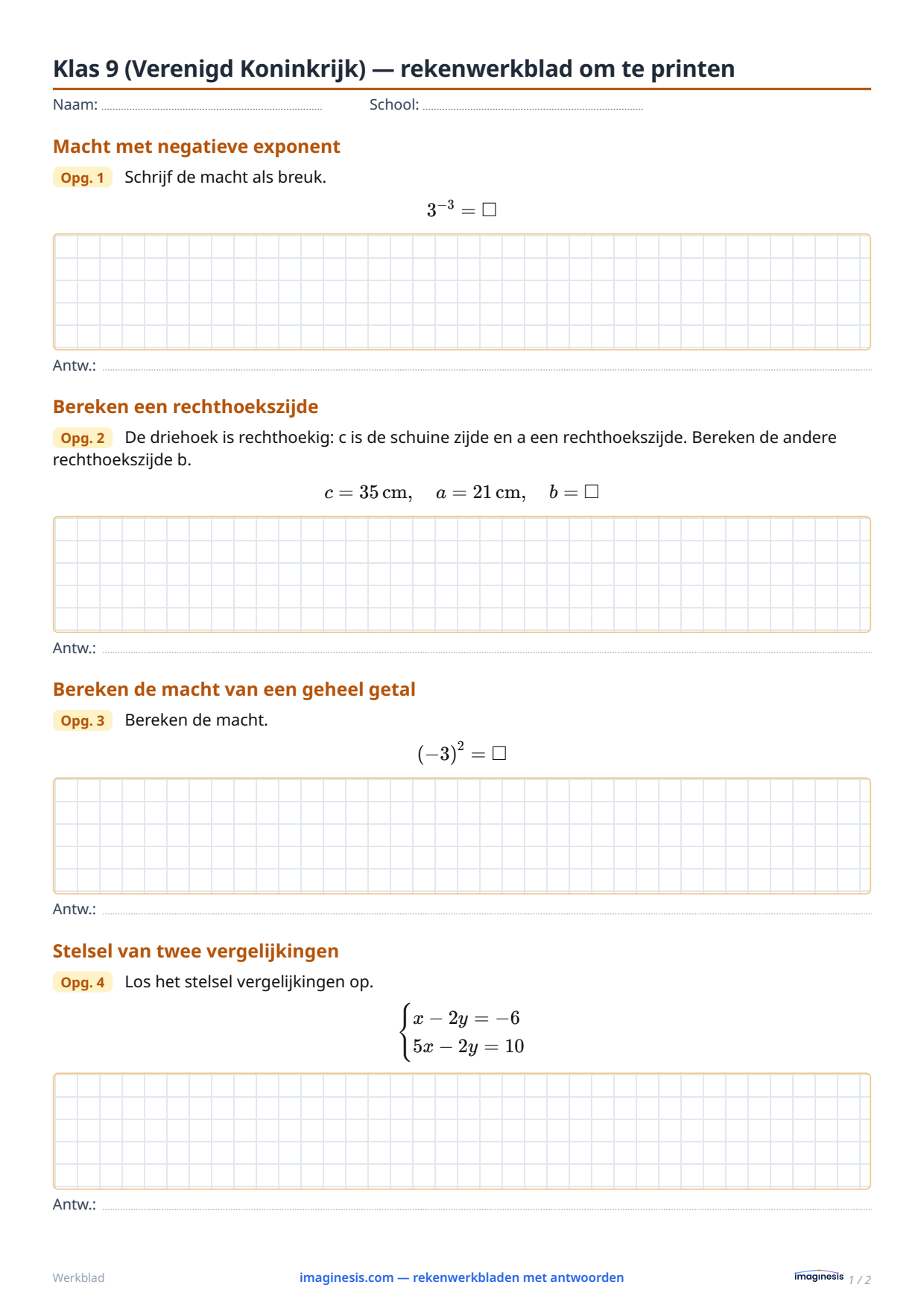 Klas 9 (Verenigd Koninkrijk) — rekenwerkblad om te printen — Leerlingblad: rekenwerkblad om te printen (Klas 9, Verenigd Koninkrijk)