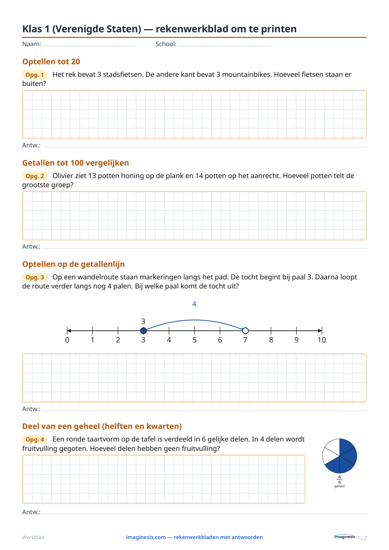 Klas 1 (Verenigde Staten) — rekenwerkblad om te printen — Leerlingblad: rekenwerkblad om te printen (Klas 1, Verenigde Staten)
