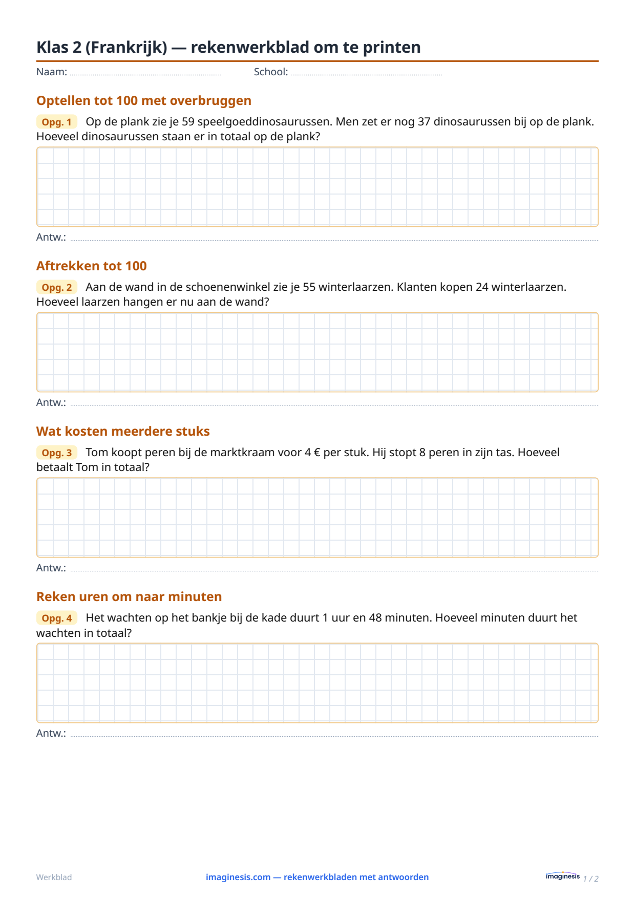 Klas 2 (Frankrijk) — rekenwerkblad om te printen — Leerlingblad: rekenwerkblad om te printen (Klas 2, Frankrijk)