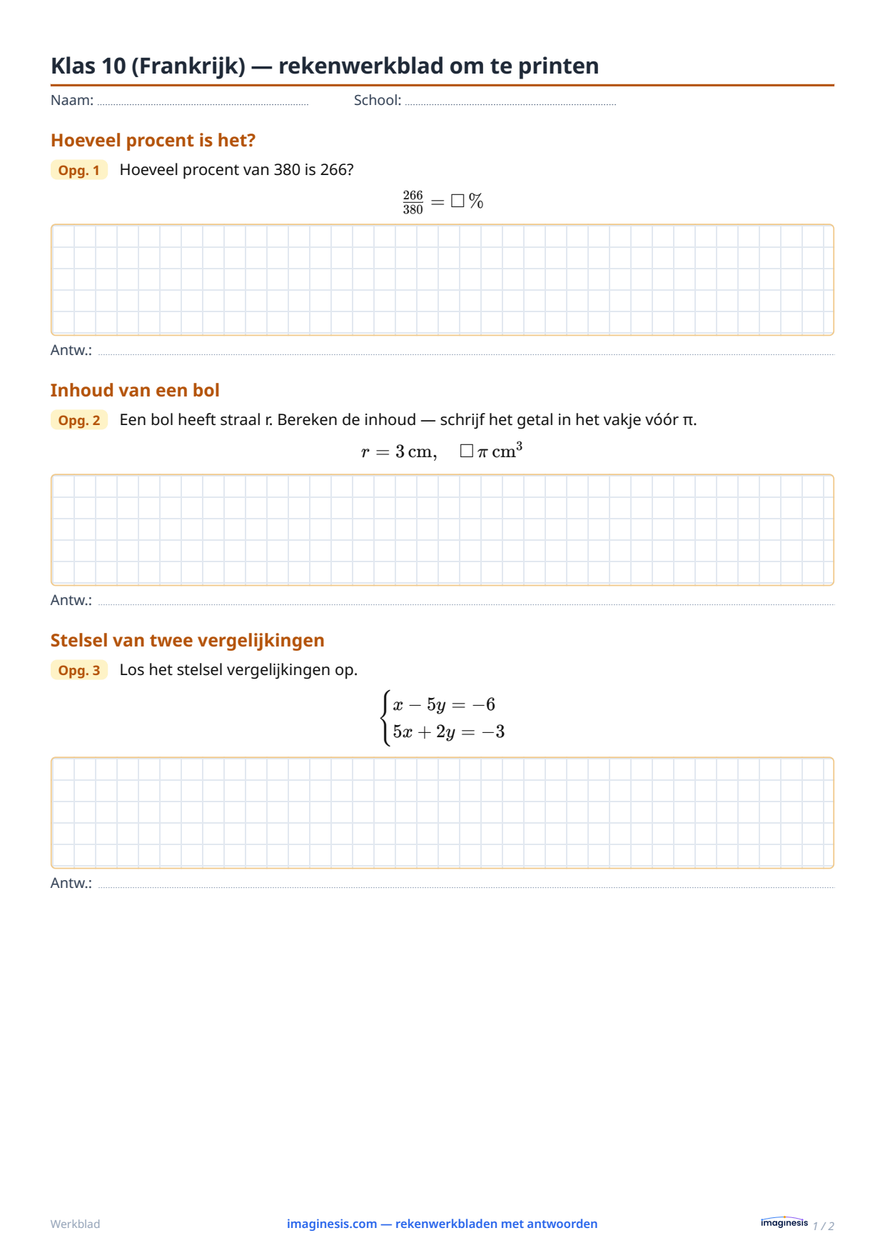 Klas 10 (Frankrijk) — rekenwerkblad om te printen — Leerlingblad: rekenwerkblad om te printen (Klas 10, Frankrijk)