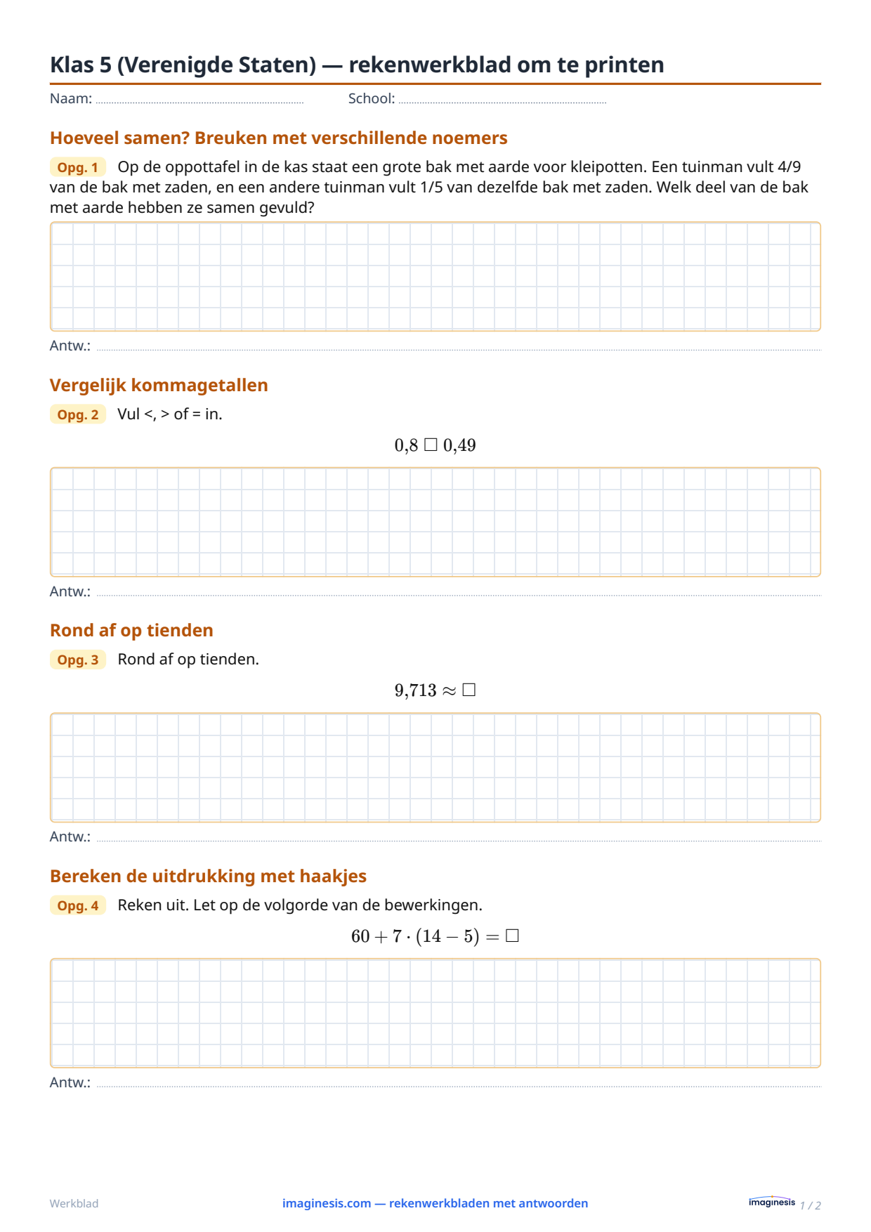 Klas 5 (Verenigde Staten) — rekenwerkblad om te printen — Leerlingblad: rekenwerkblad om te printen (Klas 5, Verenigde Staten)