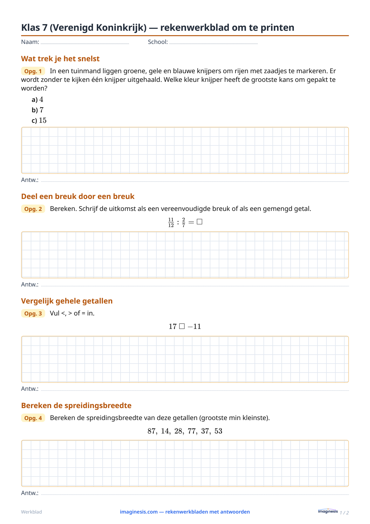 Klas 7 (Verenigd Koninkrijk) — rekenwerkblad om te printen — Leerlingblad: rekenwerkblad om te printen (Klas 7, Verenigd Koninkrijk)