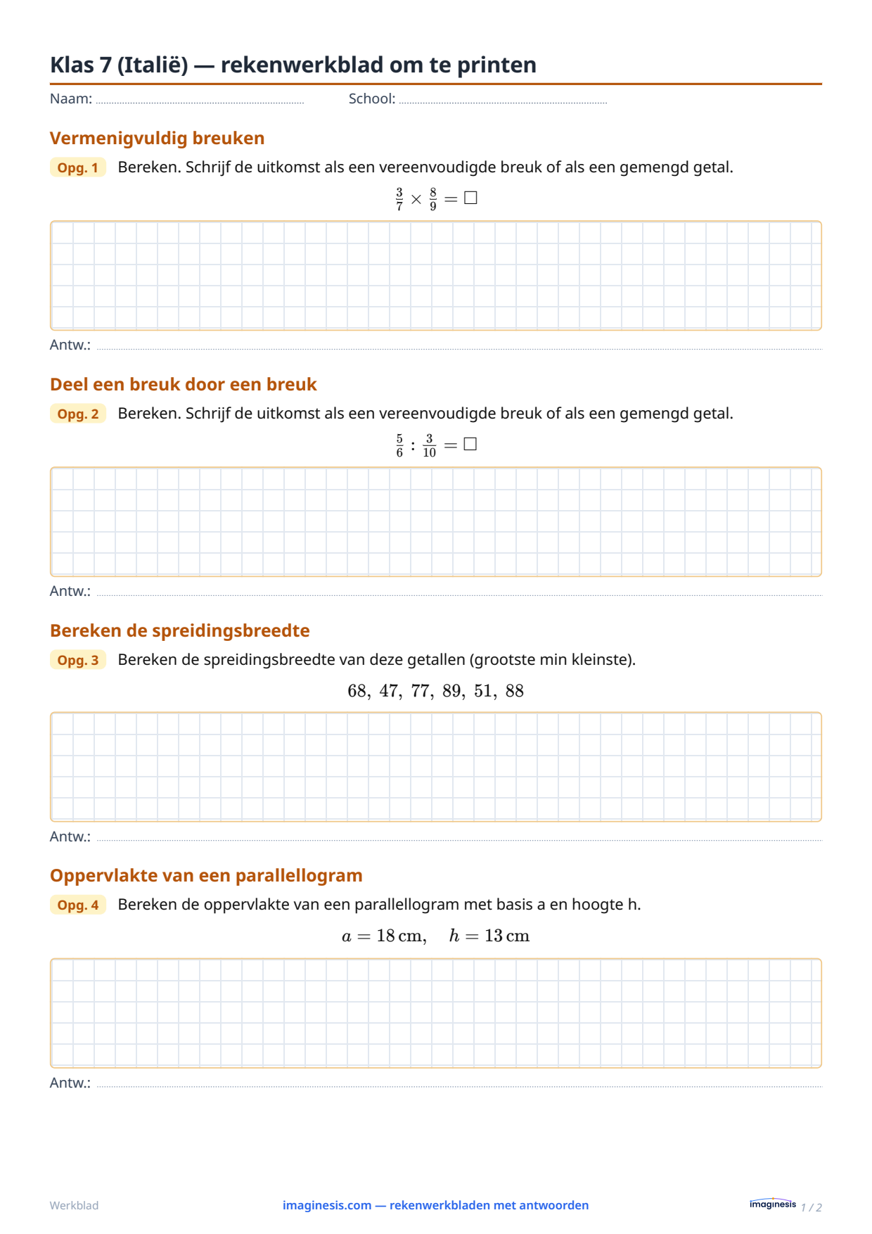 Klas 7 (Italië) — rekenwerkblad om te printen — Leerlingblad: rekenwerkblad om te printen (Klas 7, Italië)