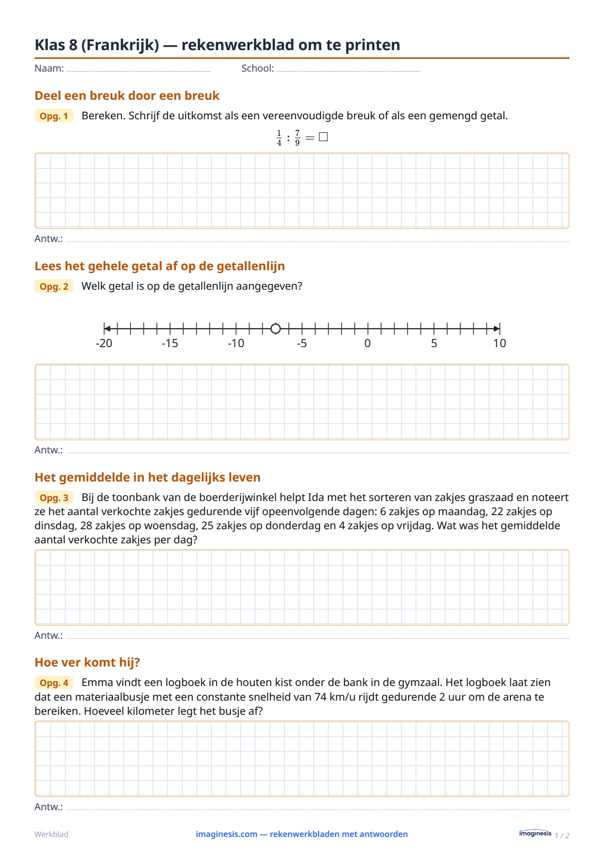 Klas 8 (Frankrijk) — rekenwerkblad om te printen — Leerlingblad: rekenwerkblad om te printen (Klas 8, Frankrijk)