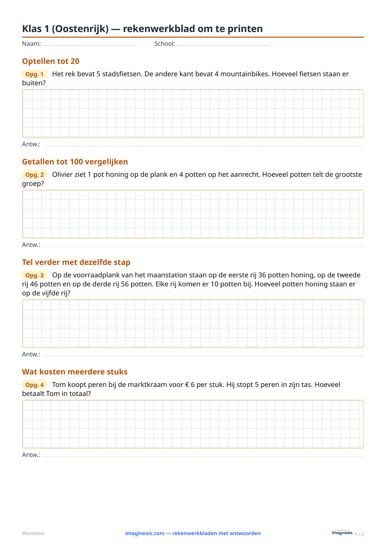 Klas 1 (Oostenrijk) — rekenwerkblad om te printen — Leerlingblad: rekenwerkblad om te printen (Klas 1, Oostenrijk)
