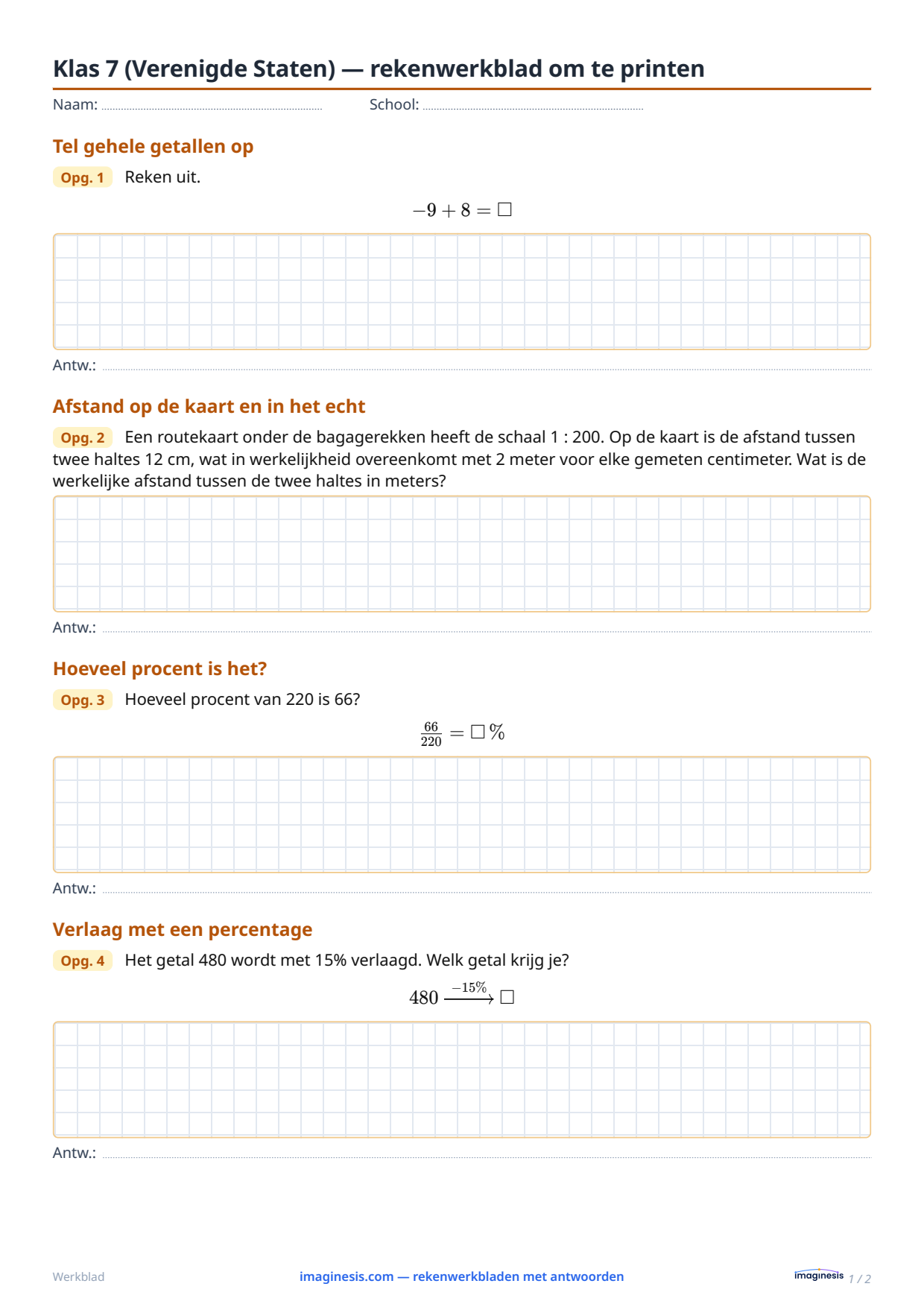 Klas 7 (Verenigde Staten) — rekenwerkblad om te printen — Leerlingblad: rekenwerkblad om te printen (Klas 7, Verenigde Staten)
