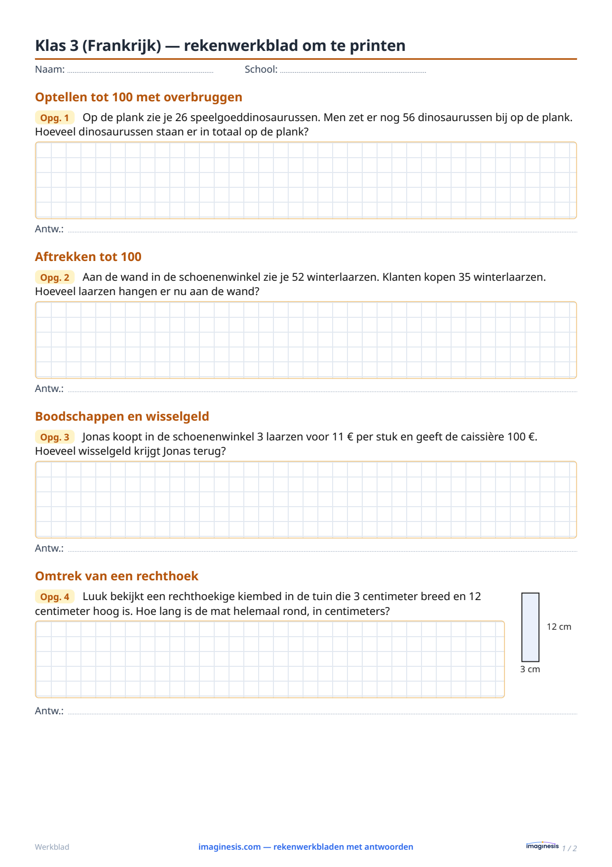 Klas 3 (Frankrijk) — rekenwerkblad om te printen — Leerlingblad: rekenwerkblad om te printen (Klas 3, Frankrijk)