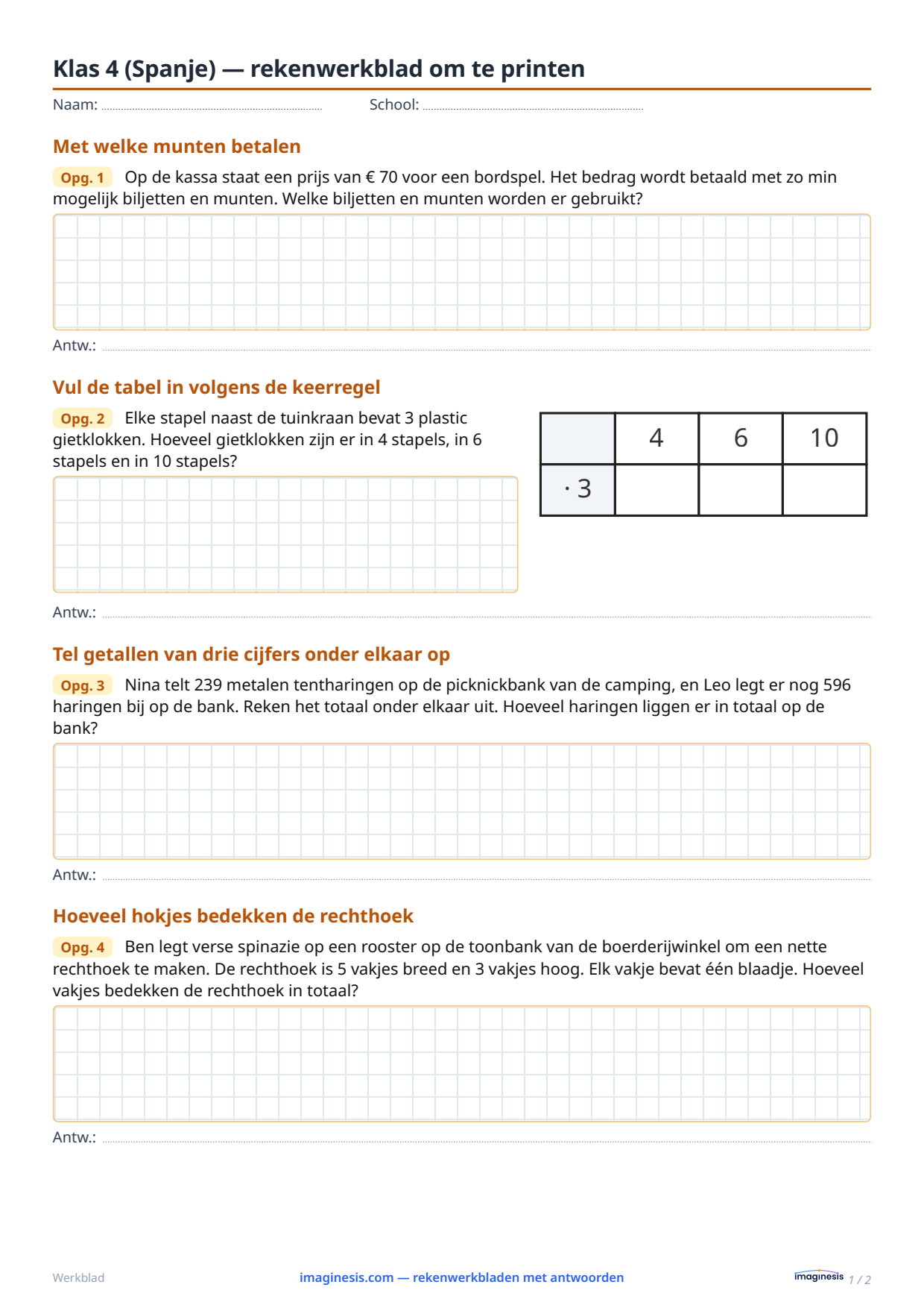 Klas 4 (Spanje) — rekenwerkblad om te printen — Leerlingblad: rekenwerkblad om te printen (Klas 4, Spanje)