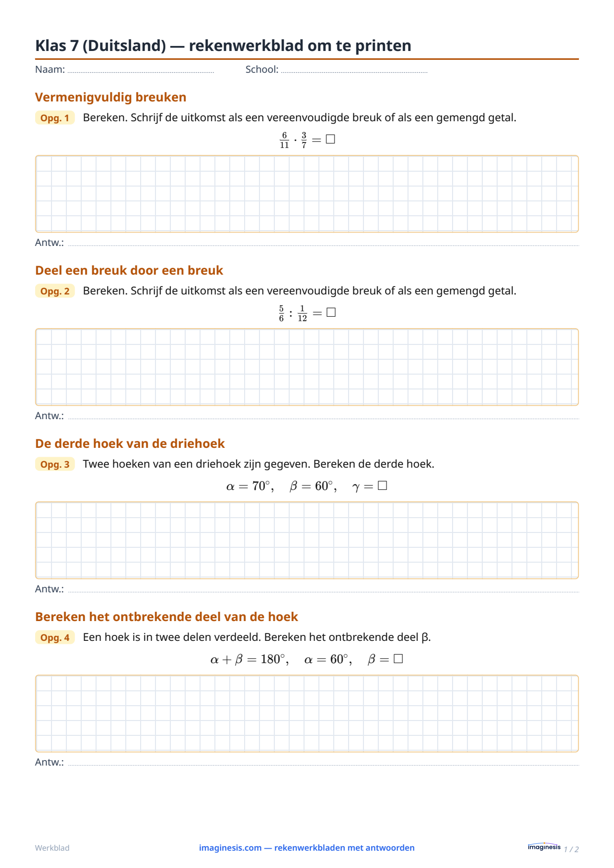Klas 7 (Duitsland) — rekenwerkblad om te printen — Leerlingblad: rekenwerkblad om te printen (Klas 7, Duitsland)