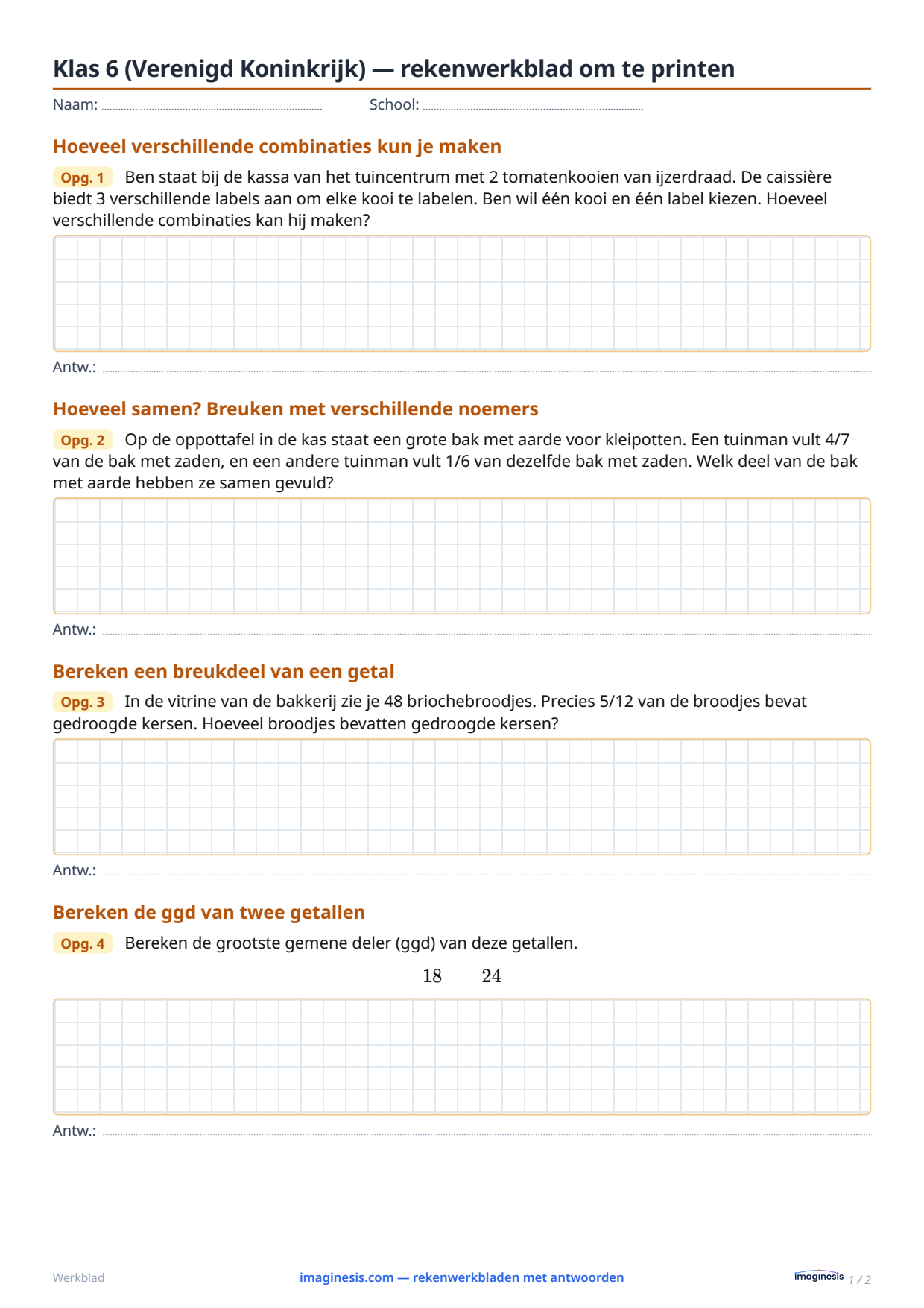 Klas 6 (Verenigd Koninkrijk) — rekenwerkblad om te printen — Leerlingblad: rekenwerkblad om te printen (Klas 6, Verenigd Koninkrijk)