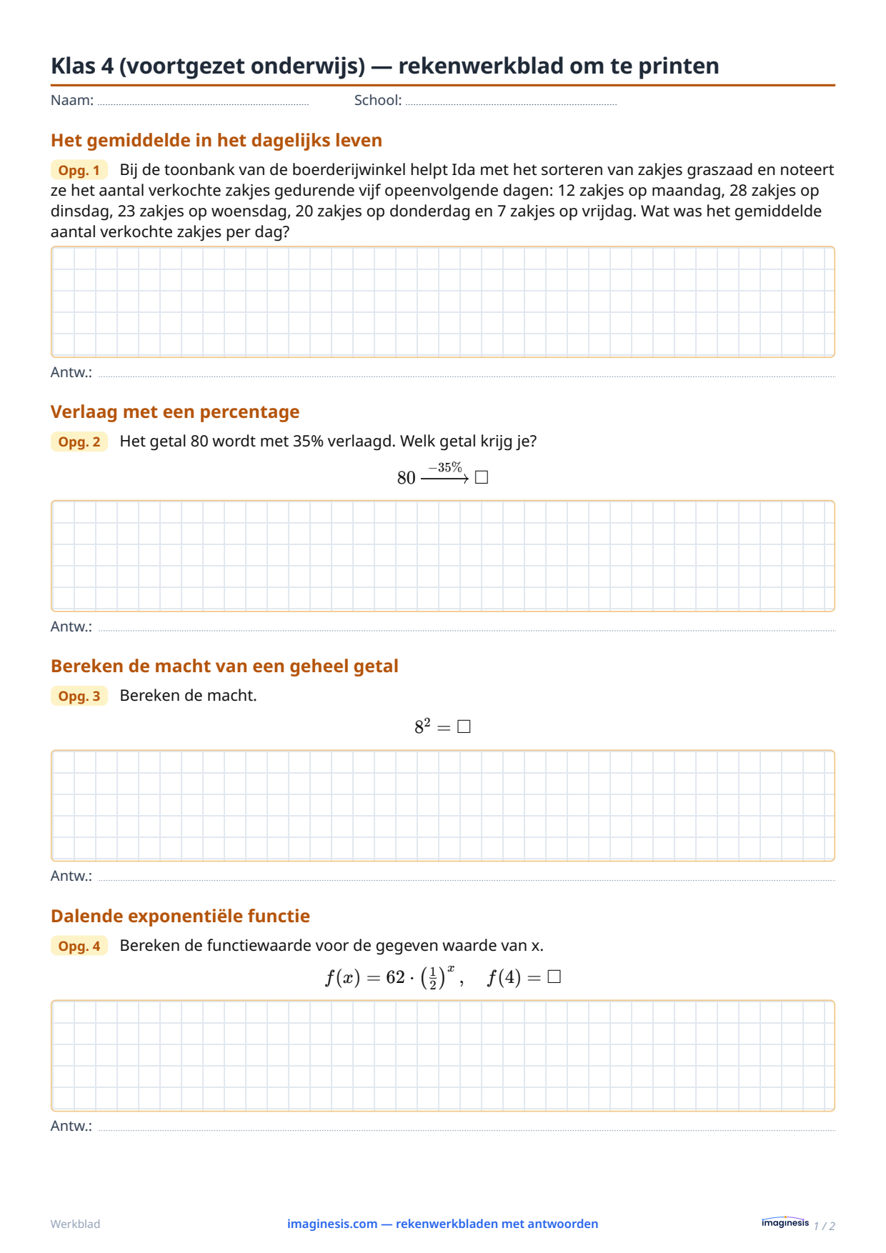 Klas 4 (voortgezet onderwijs) — rekenwerkblad om te printen — Leerlingblad: rekenwerkblad om te printen (Klas 4 (voortgezet onderwijs), Nederland)