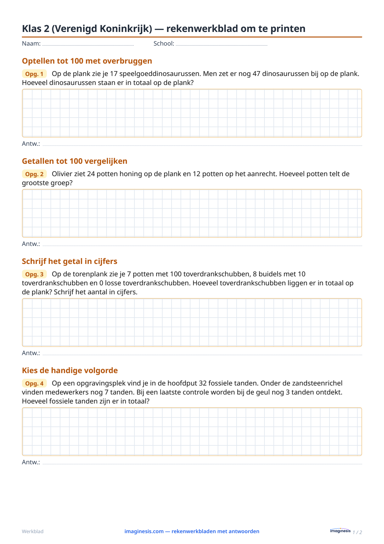 Klas 2 (Verenigd Koninkrijk) — rekenwerkblad om te printen — Leerlingblad: rekenwerkblad om te printen (Klas 2, Verenigd Koninkrijk)