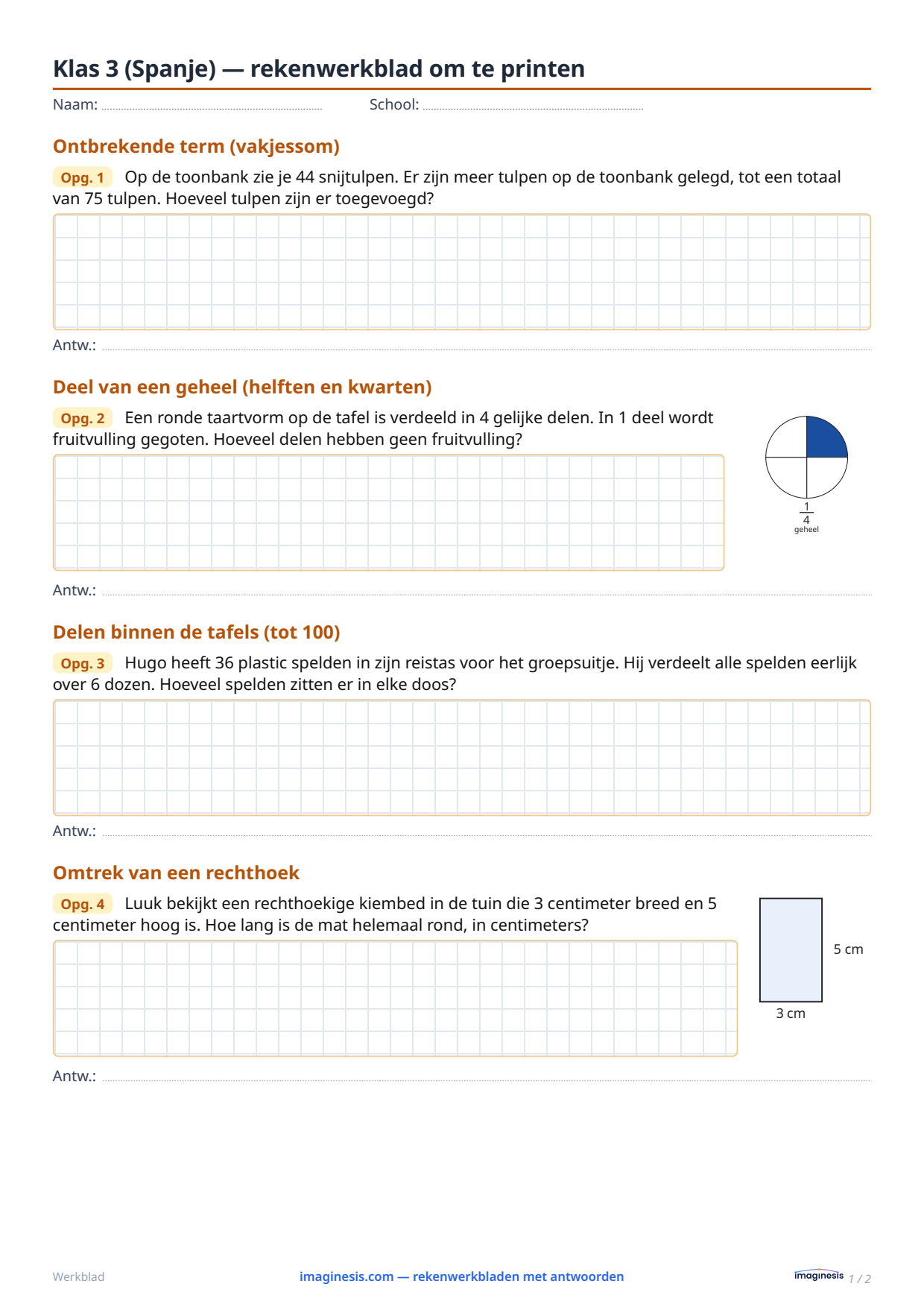 Klas 3 (Spanje) — rekenwerkblad om te printen — Leerlingblad: rekenwerkblad om te printen (Klas 3, Spanje)
