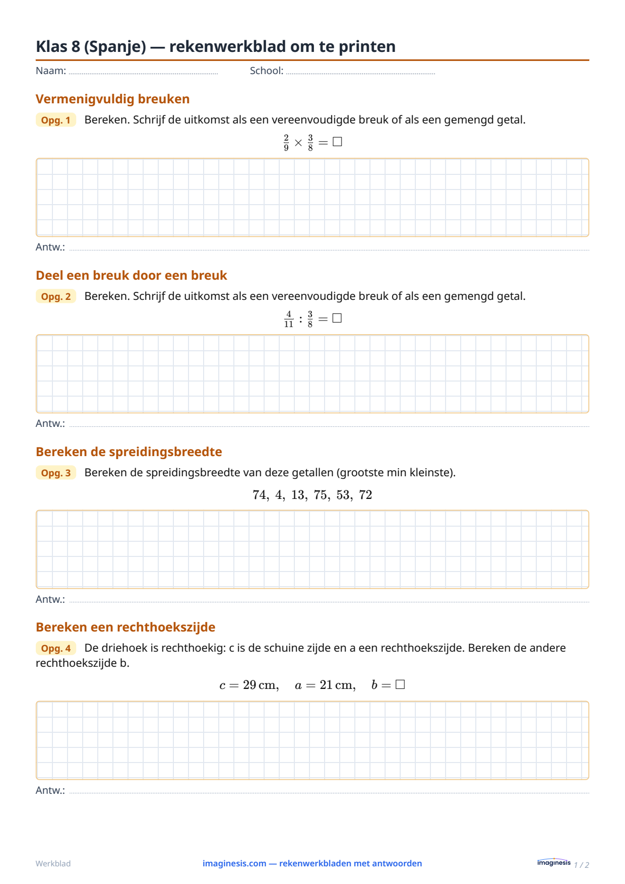 Klas 8 (Spanje) — rekenwerkblad om te printen — Leerlingblad: rekenwerkblad om te printen (Klas 8, Spanje)