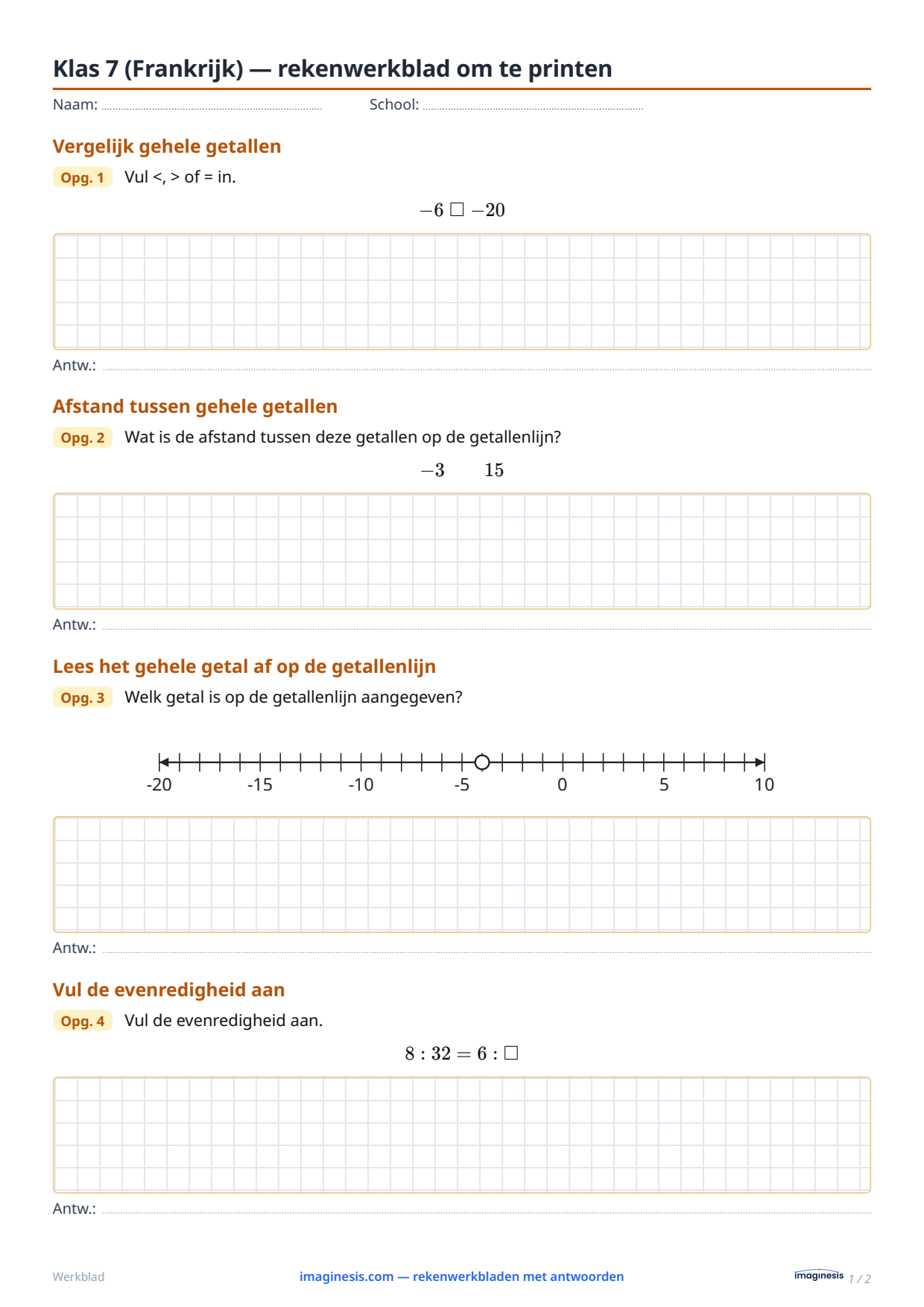 Klas 7 (Frankrijk) — rekenwerkblad om te printen — Leerlingblad: rekenwerkblad om te printen (Klas 7, Frankrijk)