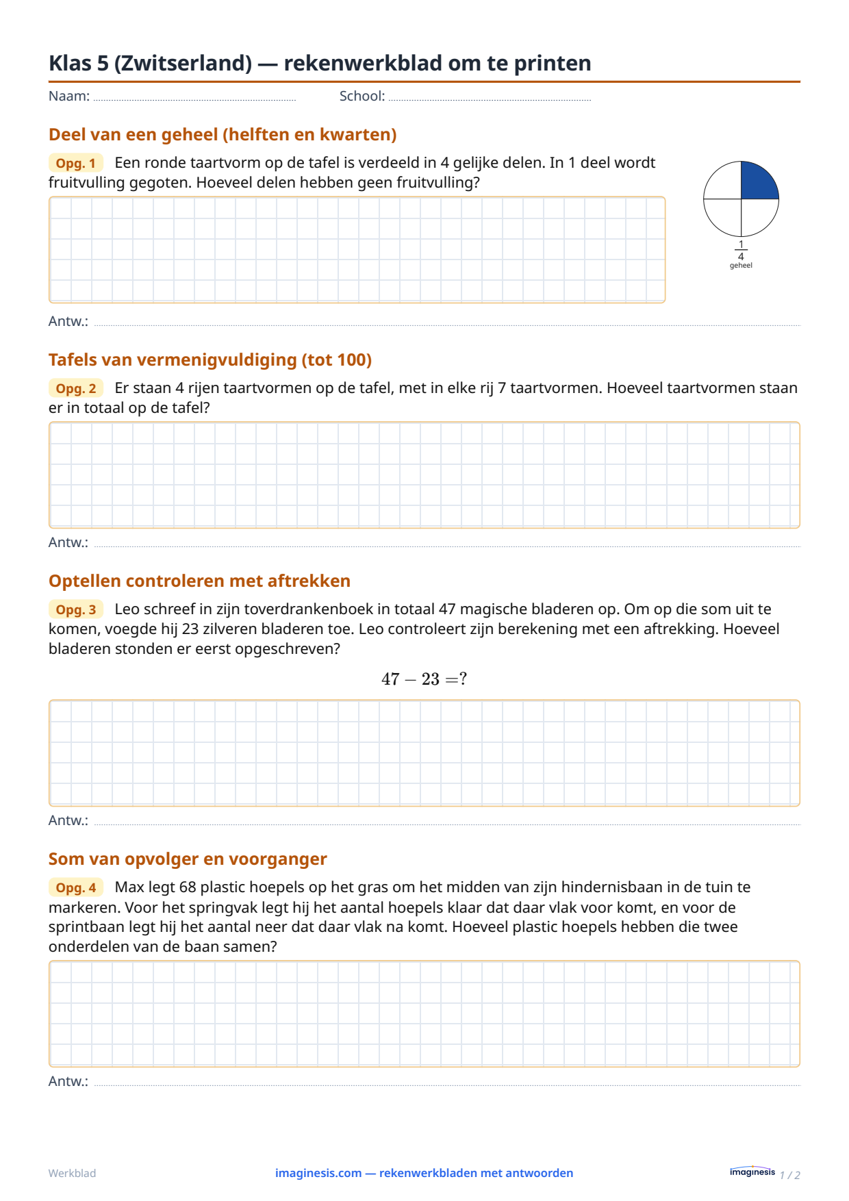 Klas 5 (Zwitserland) — rekenwerkblad om te printen — Leerlingblad: rekenwerkblad om te printen (Klas 5, Zwitserland)
