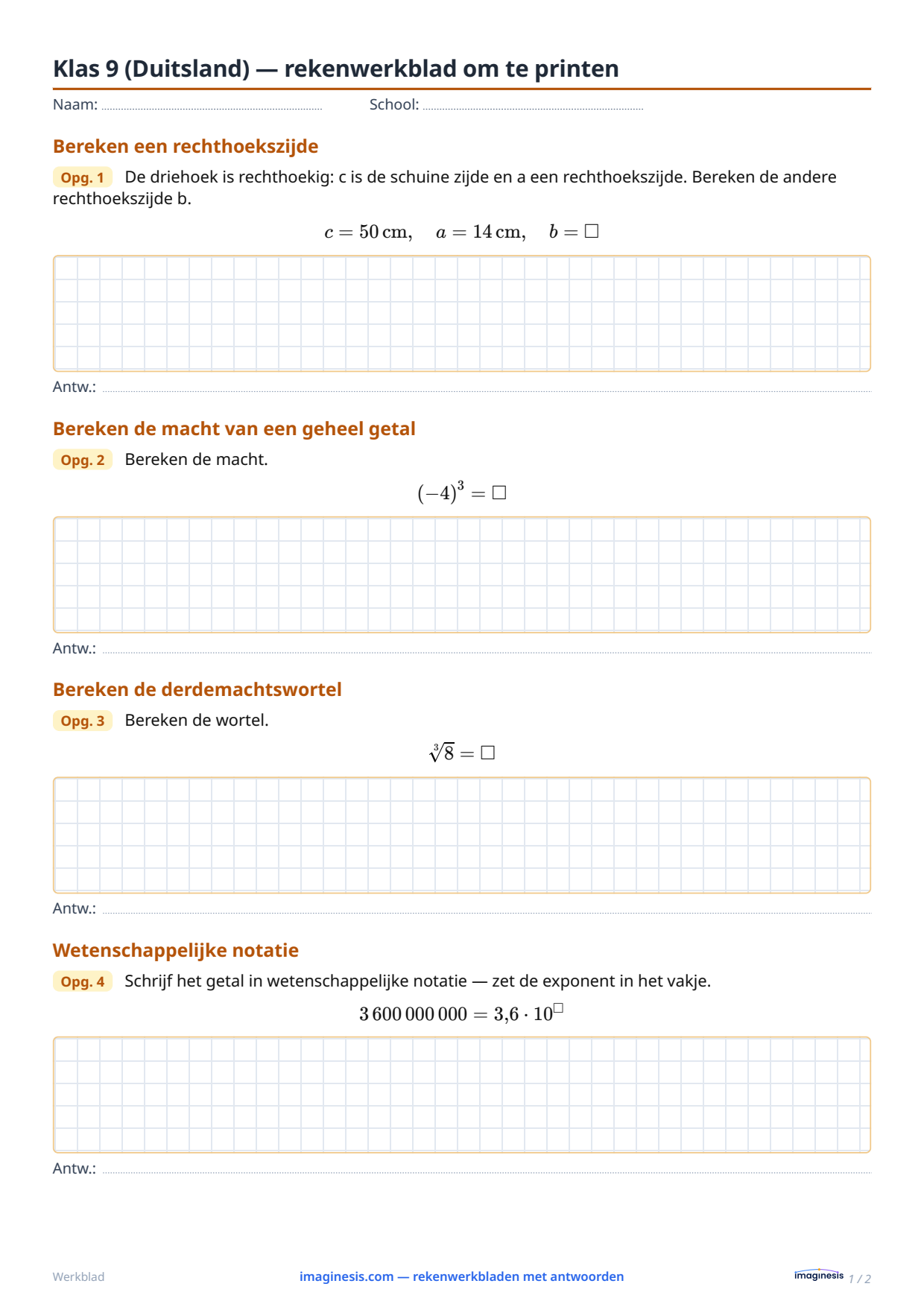 Klas 9 (Duitsland) — rekenwerkblad om te printen — Leerlingblad: rekenwerkblad om te printen (Klas 9, Duitsland)